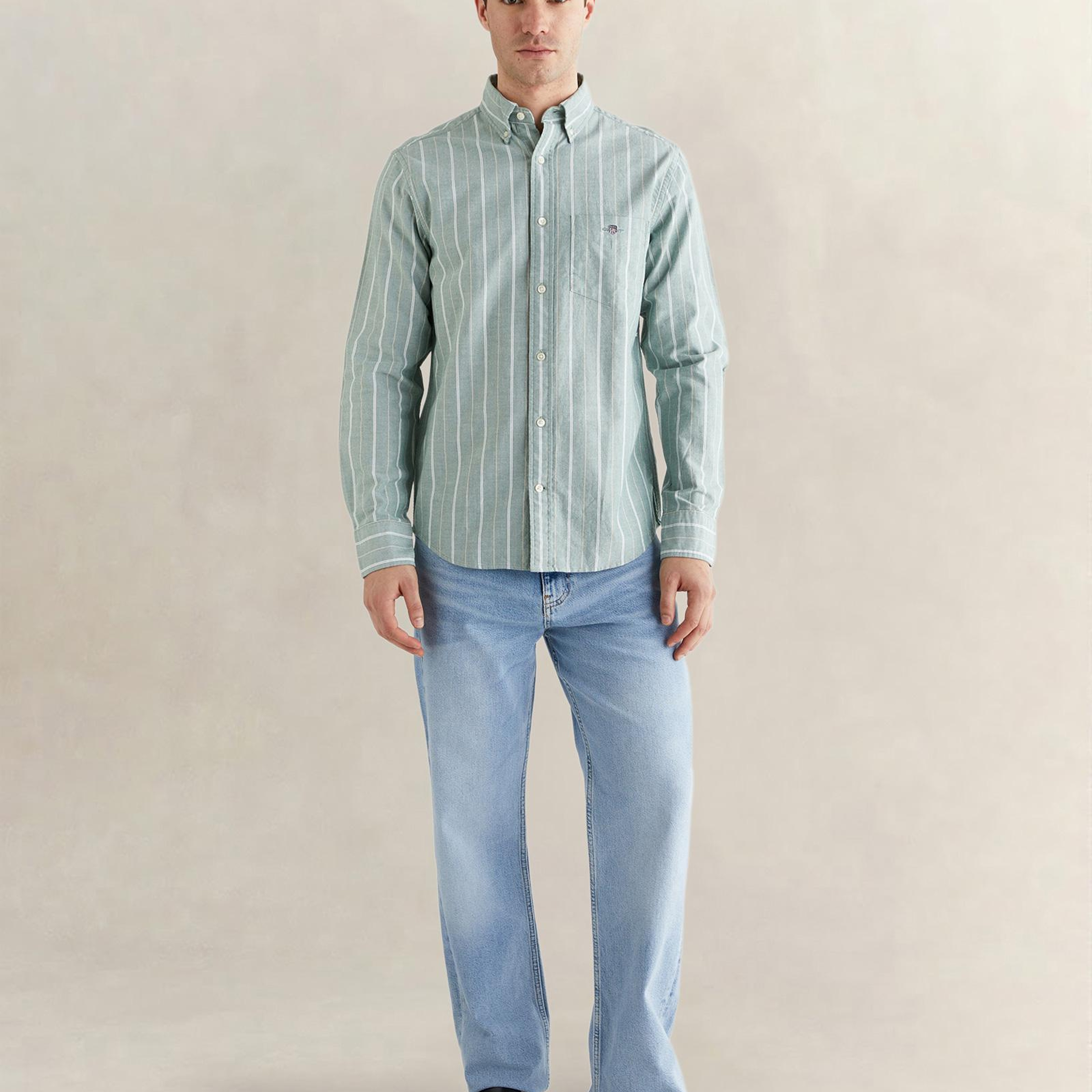 GANT Erkek Yeşil Regular Fit Düğmeli Yaka Çizgili Oxford Gömlek