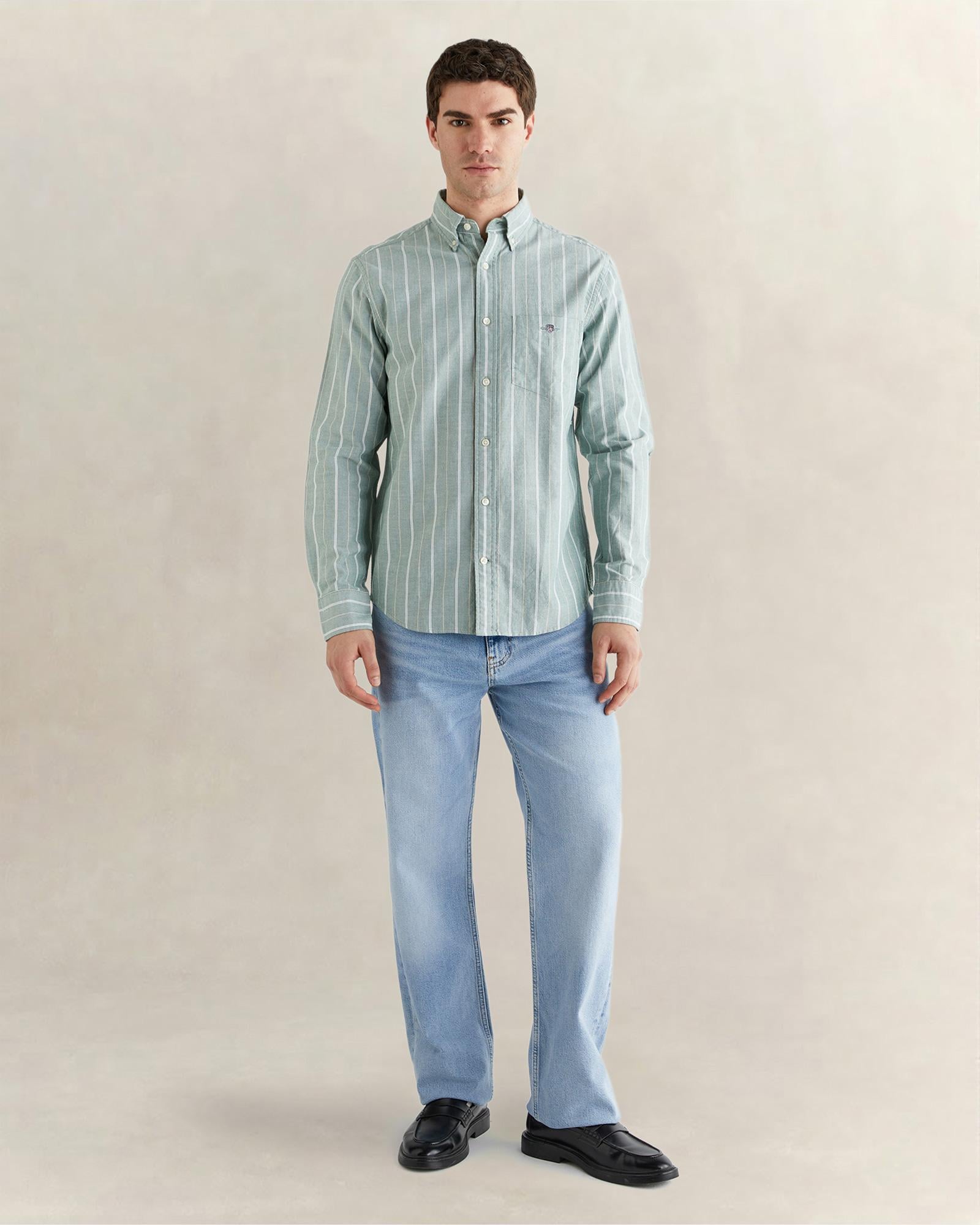 GANT Erkek Yeşil Regular Fit Düğmeli Yaka Çizgili Oxford Gömlek