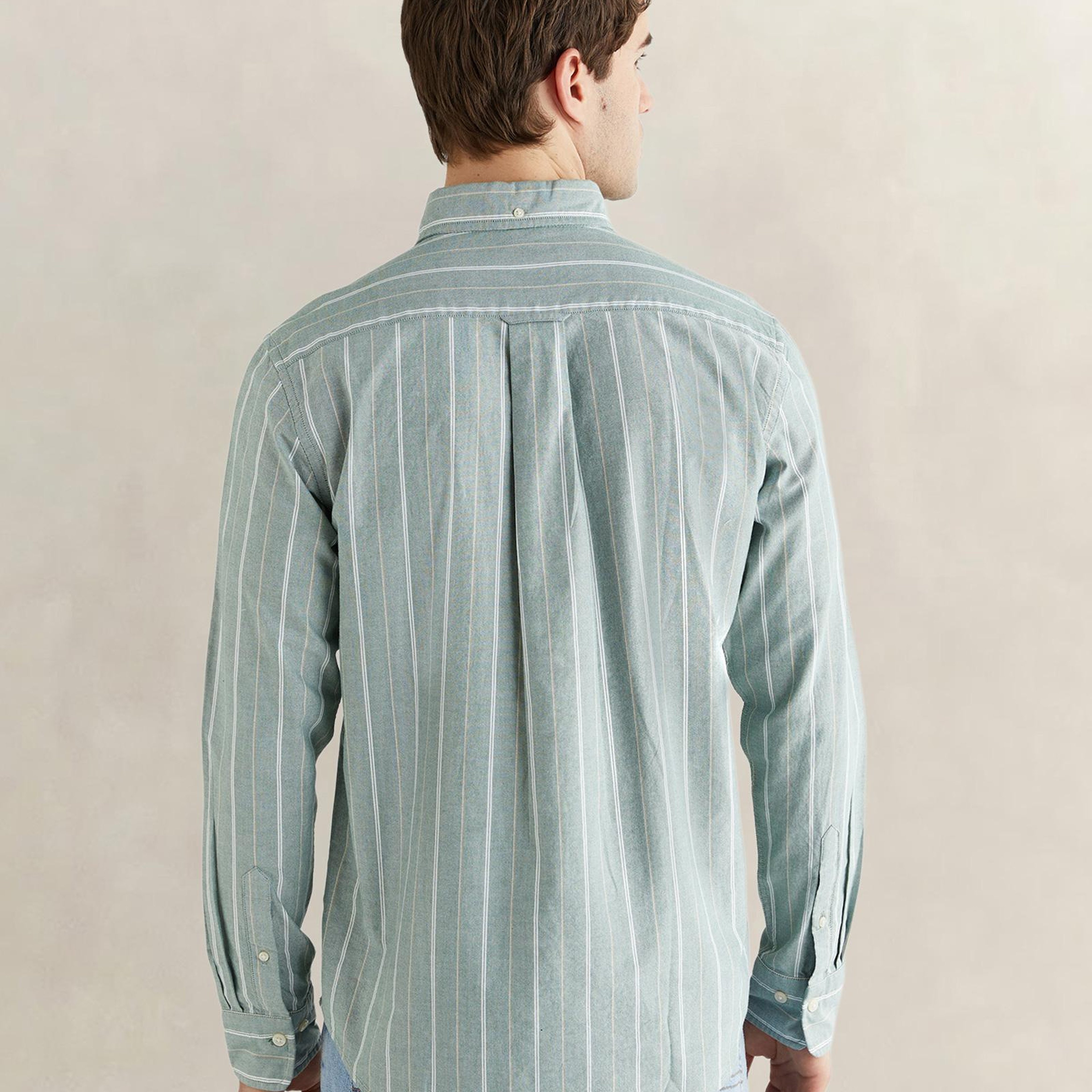 GANT Erkek Yeşil Regular Fit Düğmeli Yaka Çizgili Oxford Gömlek