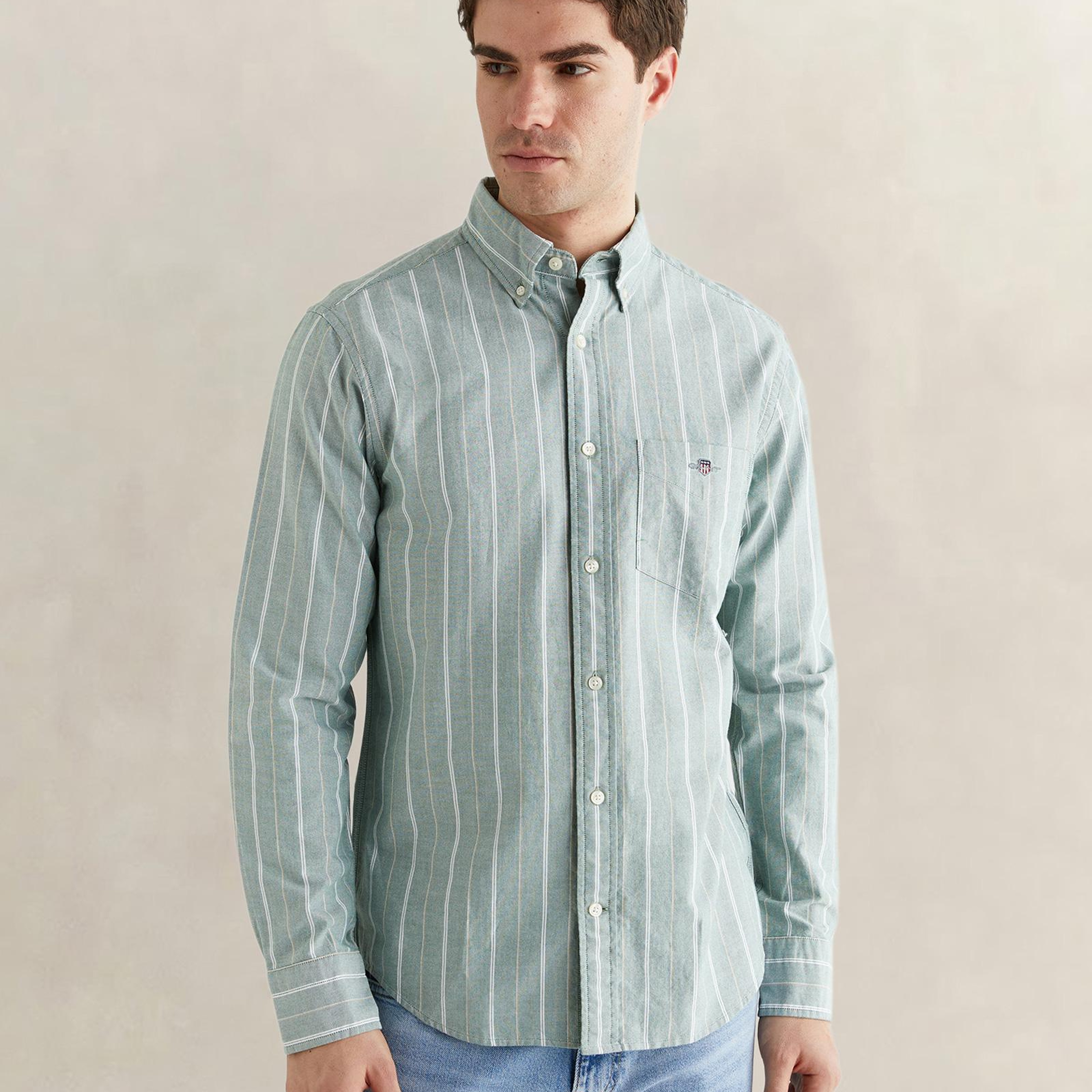 GANT Erkek Yeşil Regular Fit Düğmeli Yaka Çizgili Oxford Gömlek
