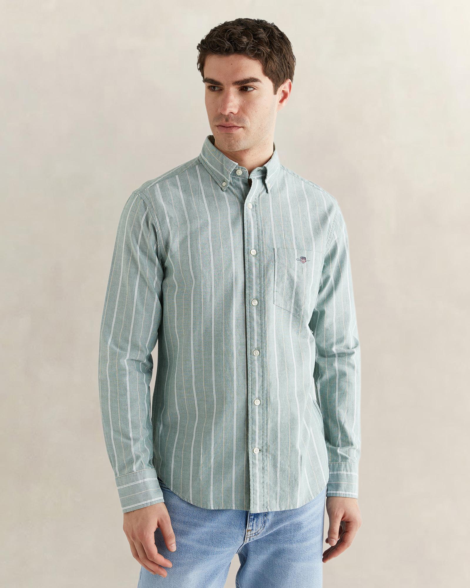 GANT Erkek Yeşil Regular Fit Düğmeli Yaka Çizgili Oxford Gömlek