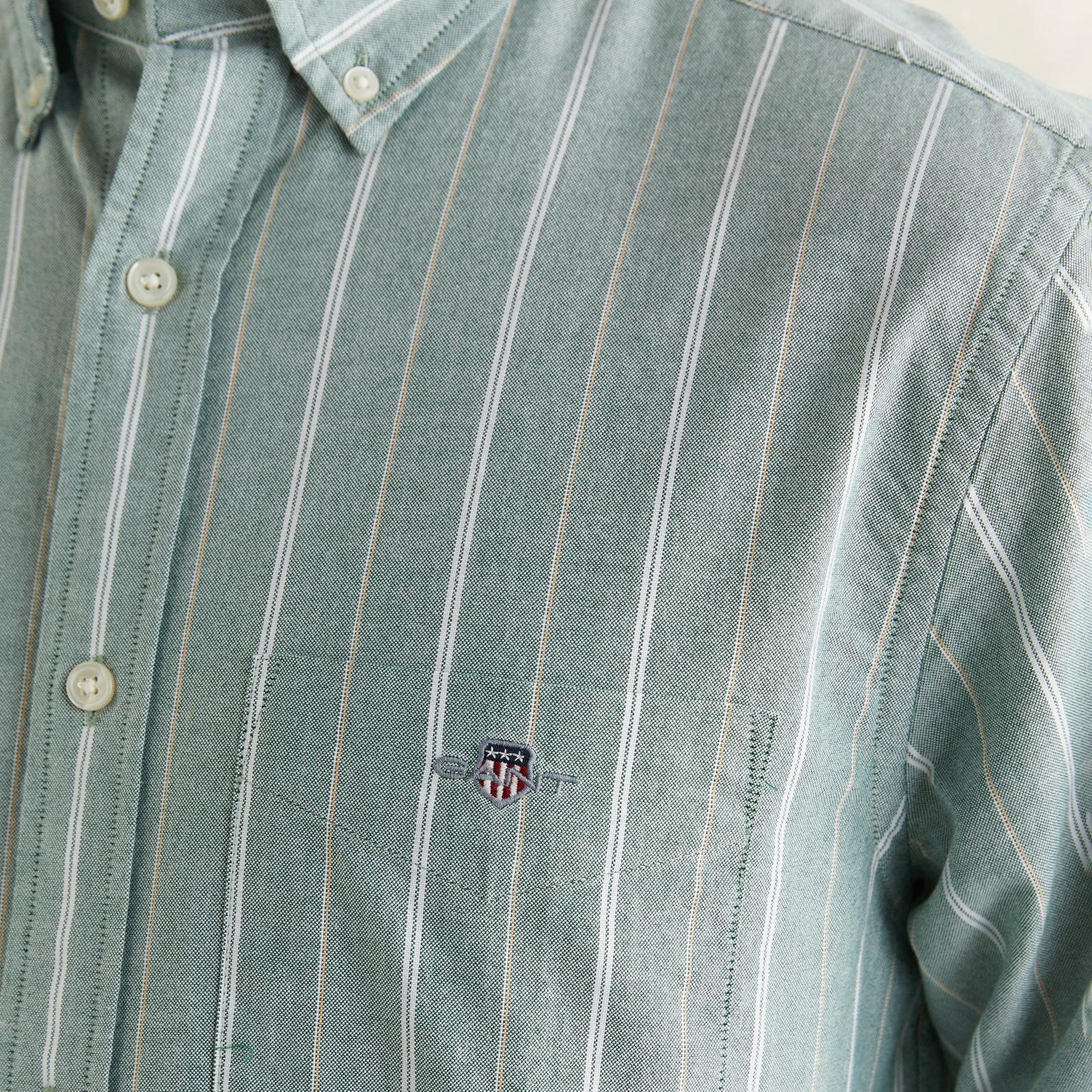 GANT Erkek Yeşil Regular Fit Düğmeli Yaka Çizgili Oxford Gömlek
