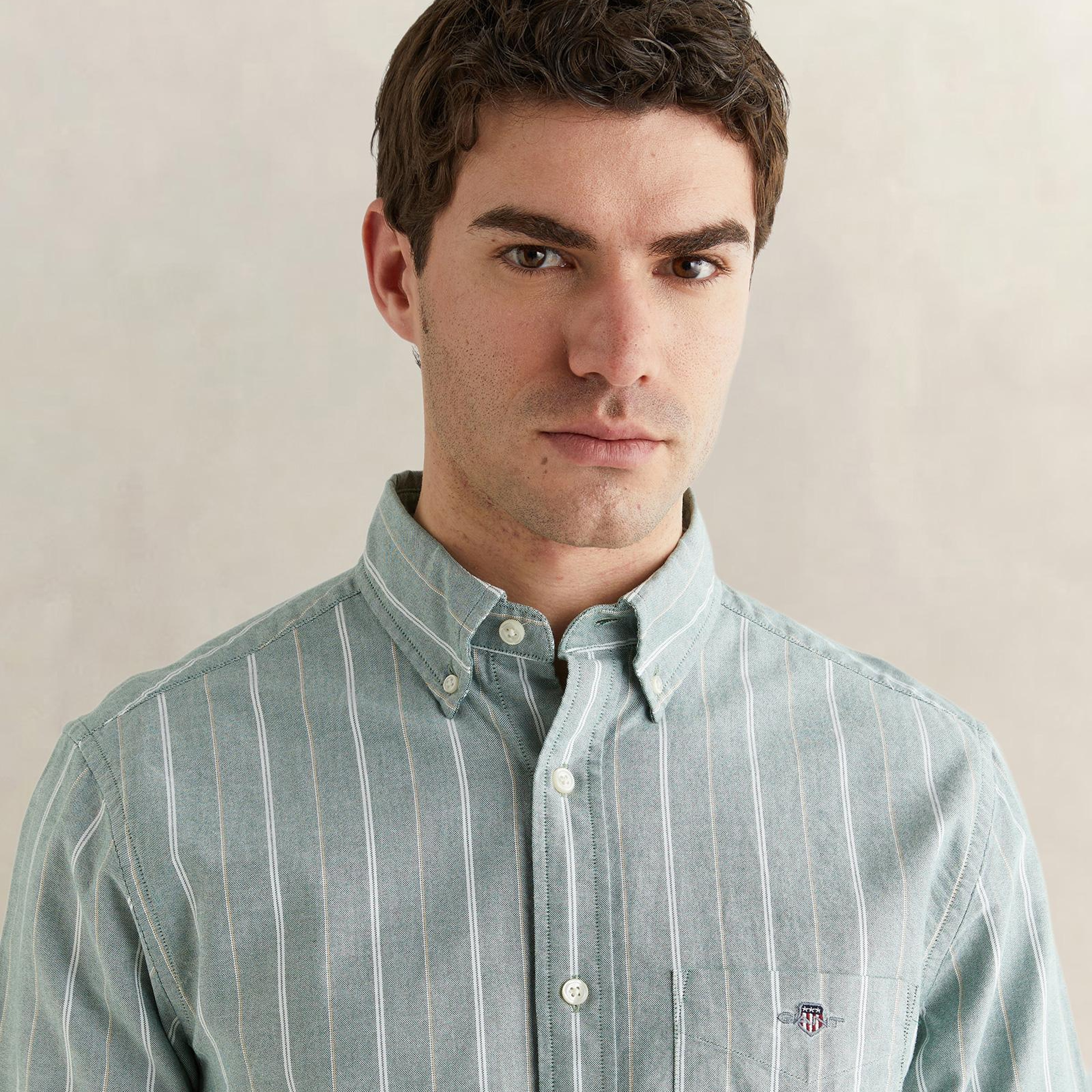 GANT Erkek Yeşil Regular Fit Düğmeli Yaka Çizgili Oxford Gömlek