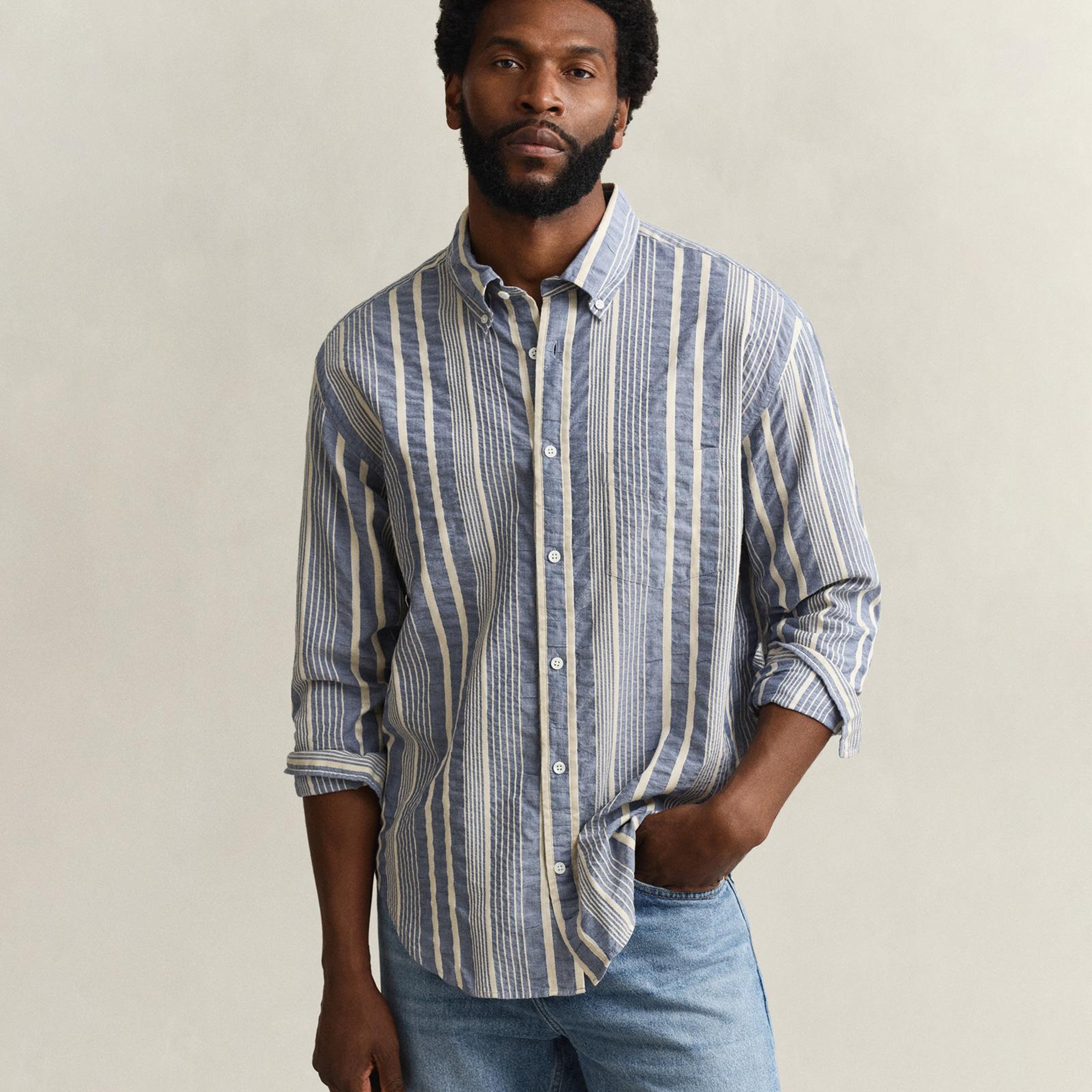 GANT Erkek Mavi Relaxed Fit Çizgili Gömlek