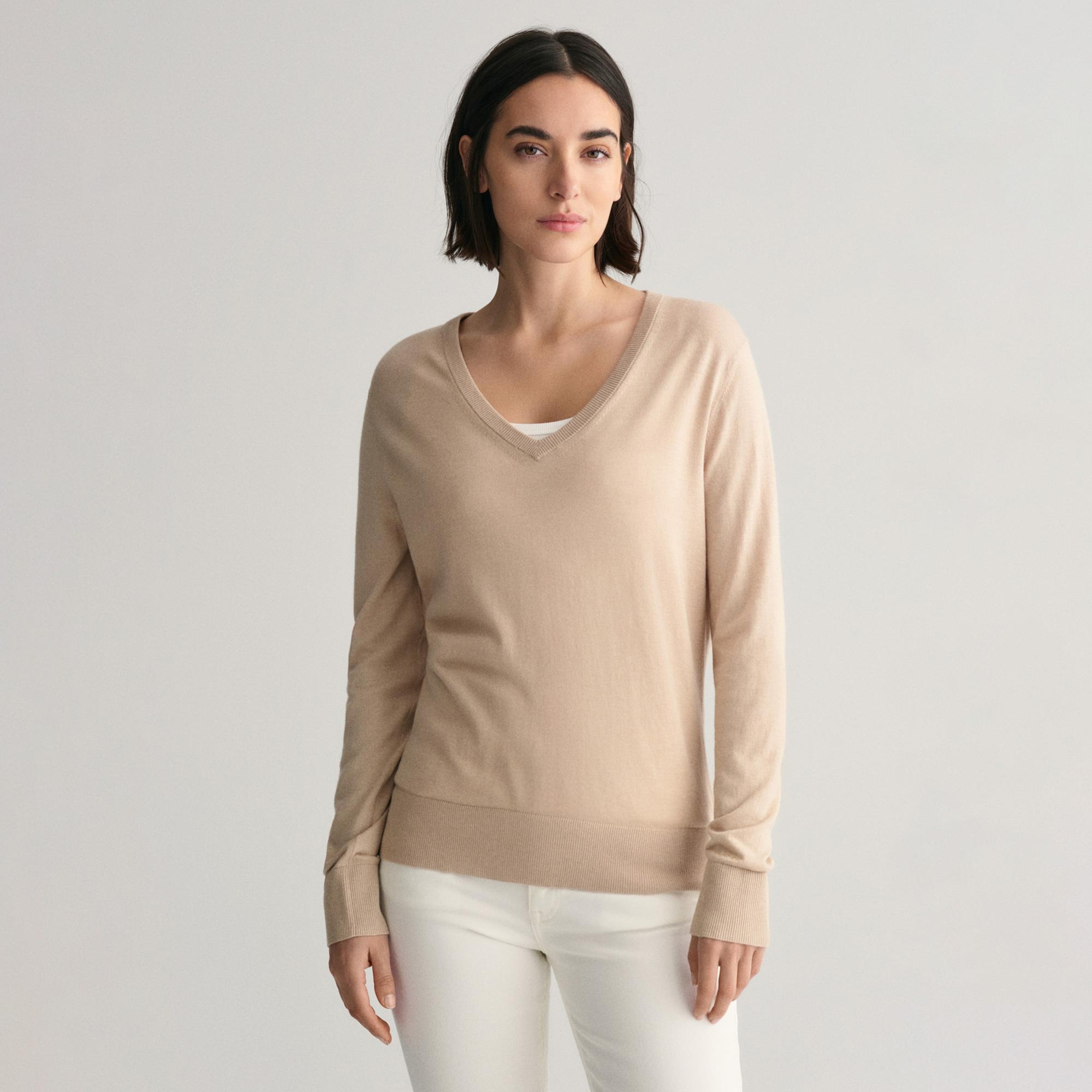 GANT Kadın Bej Regular Fit V Yaka Kazak