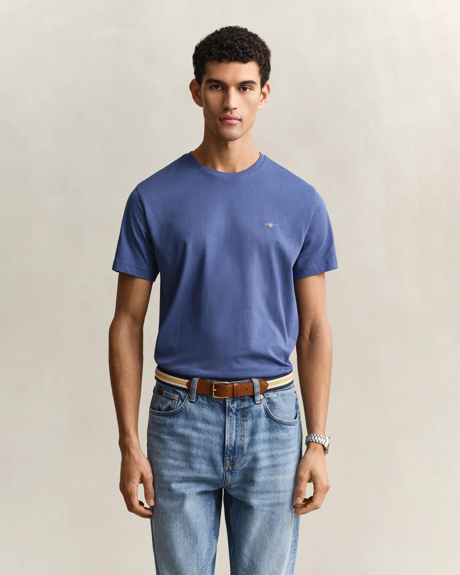 GANT Erkek Mavi Bisiklet Yaka Regular Fit Logolu T-Shirt