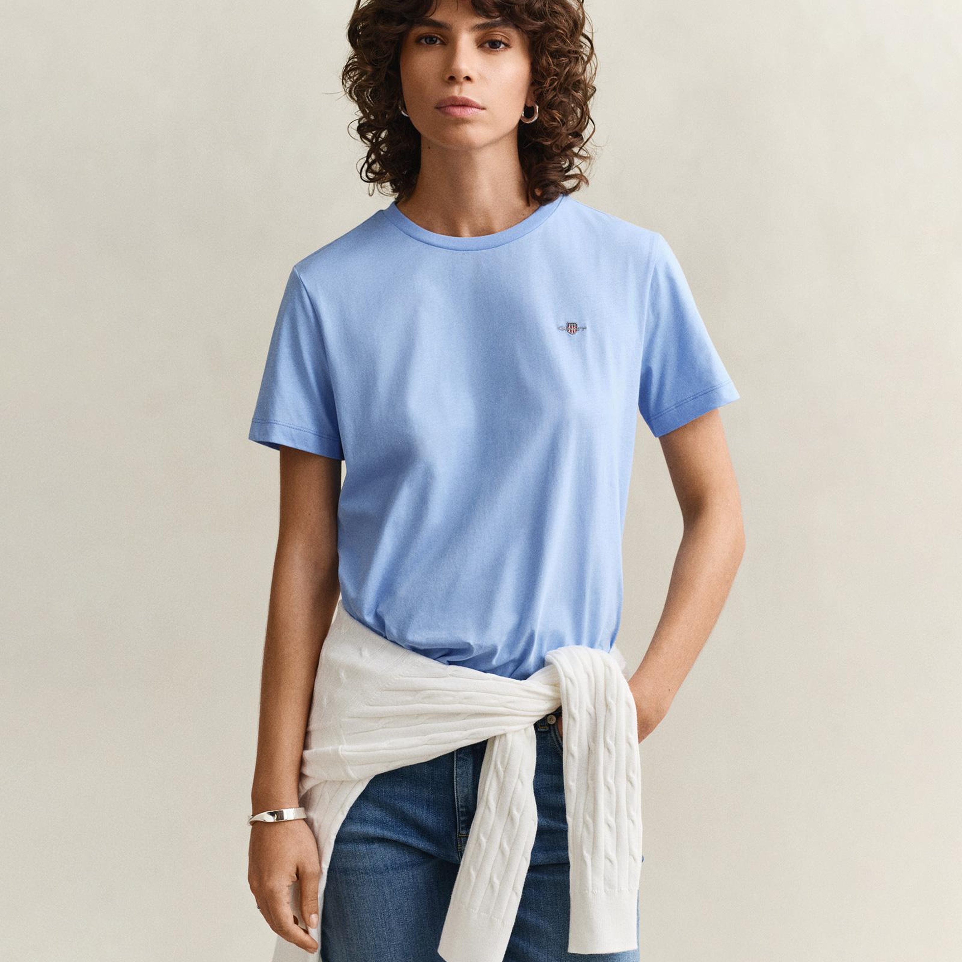 GANT Kadın Mavi Bisiklet Yaka Regular Fit Logolu T-Shirt