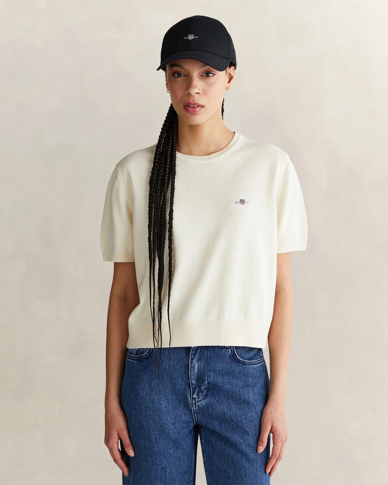 GANT Kadın Beyaz Regular Fit Bisiklet Yaka Kısa Kollu Triko