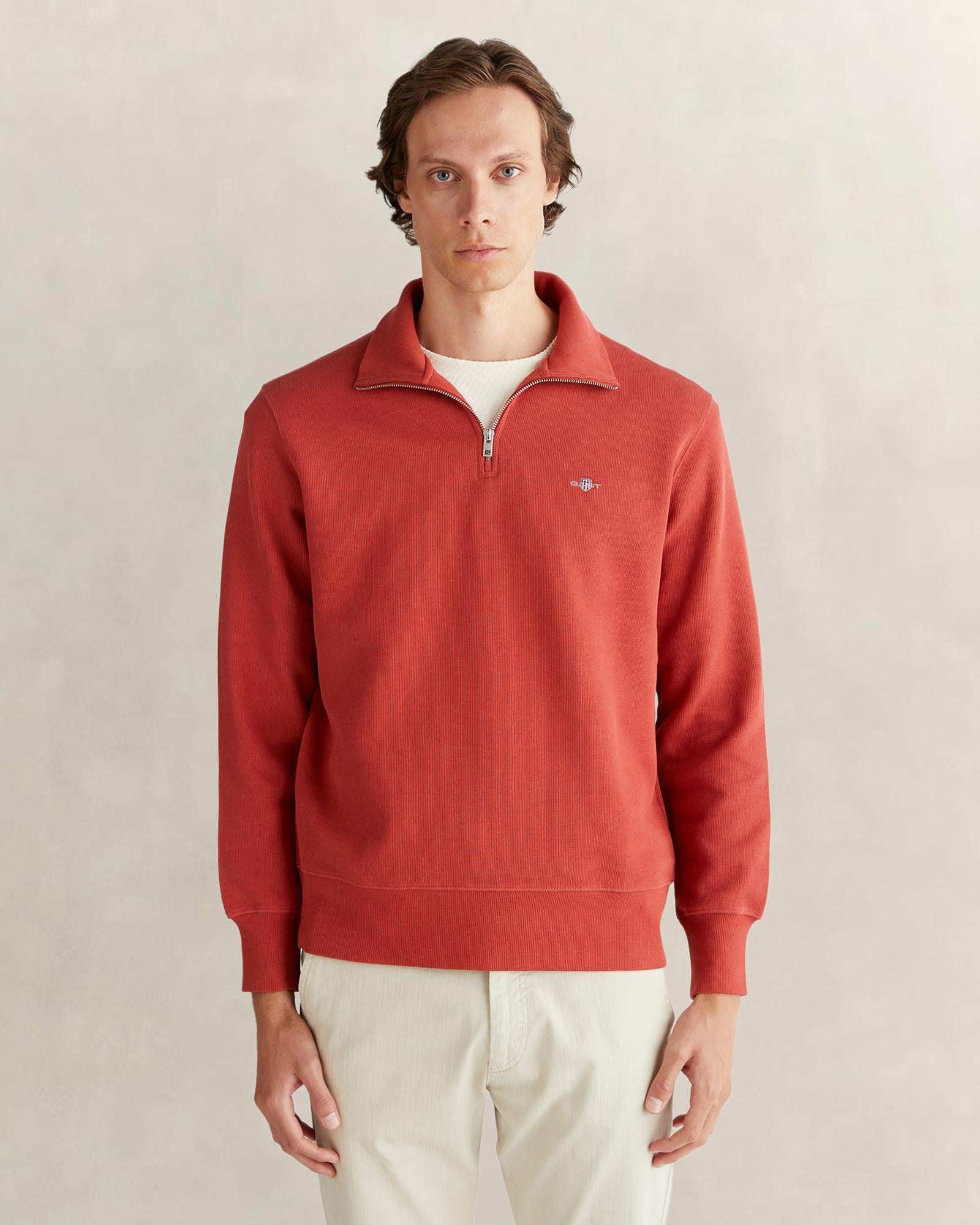 GANT Erkek Kırmızı Regular Fit Yarım Fermuarlı Sweatshirt