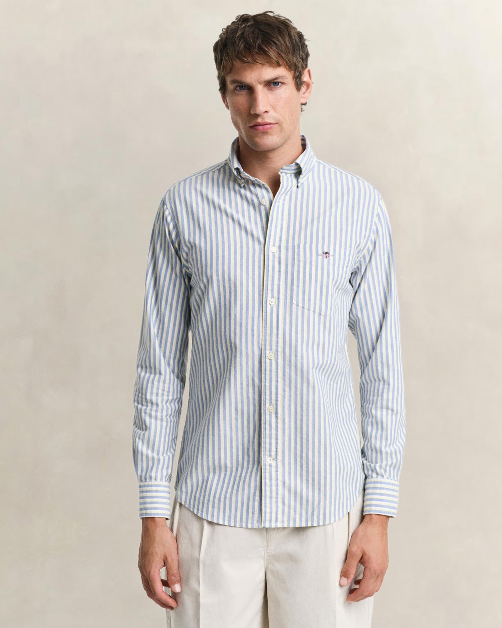 GANT Erkek Mavi Regular Fit Çizgili Logolu Gömlek