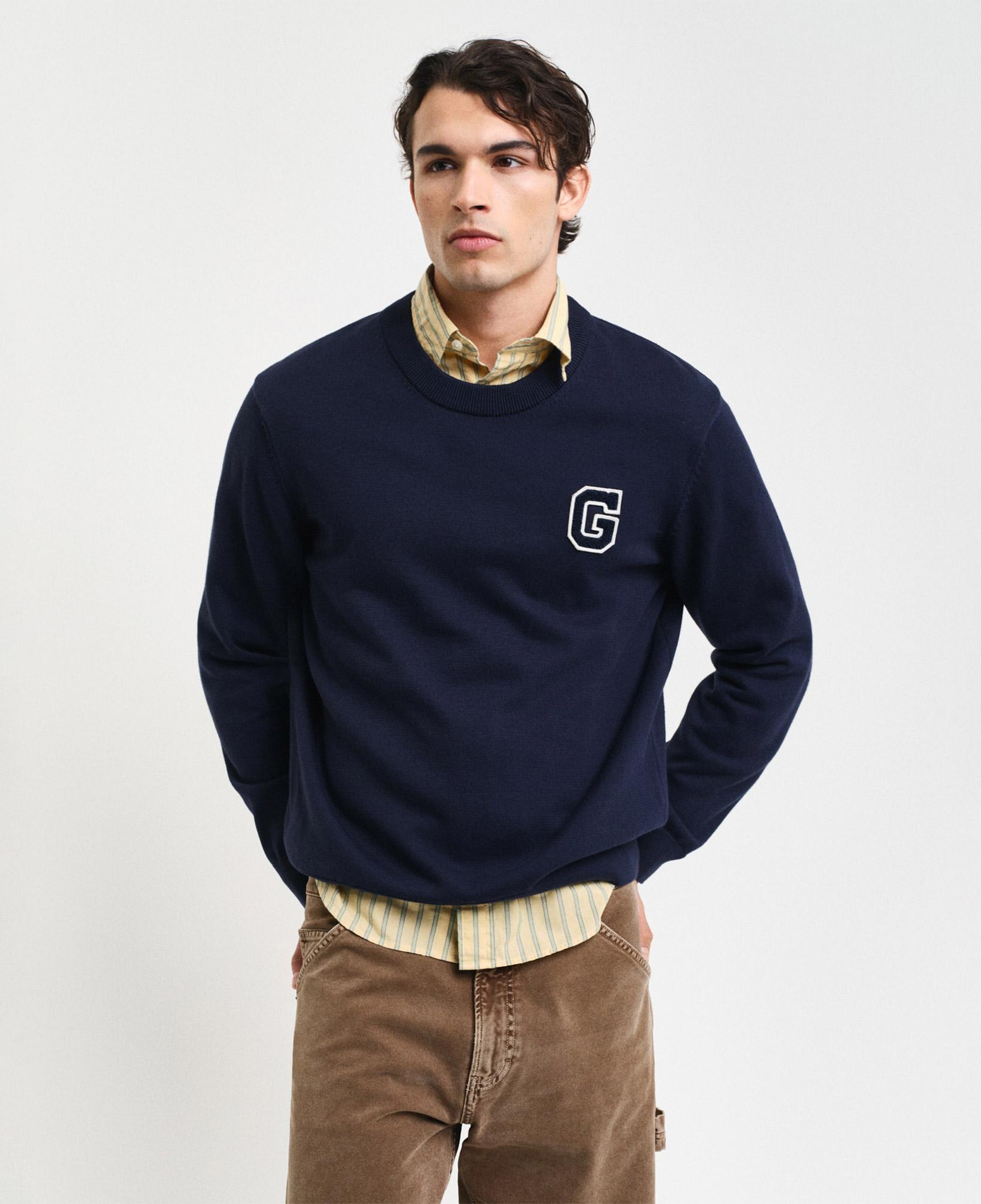 GANT Erkek Lacivert Relaxed Fit Bisiklet Yaka Logolu Kazak