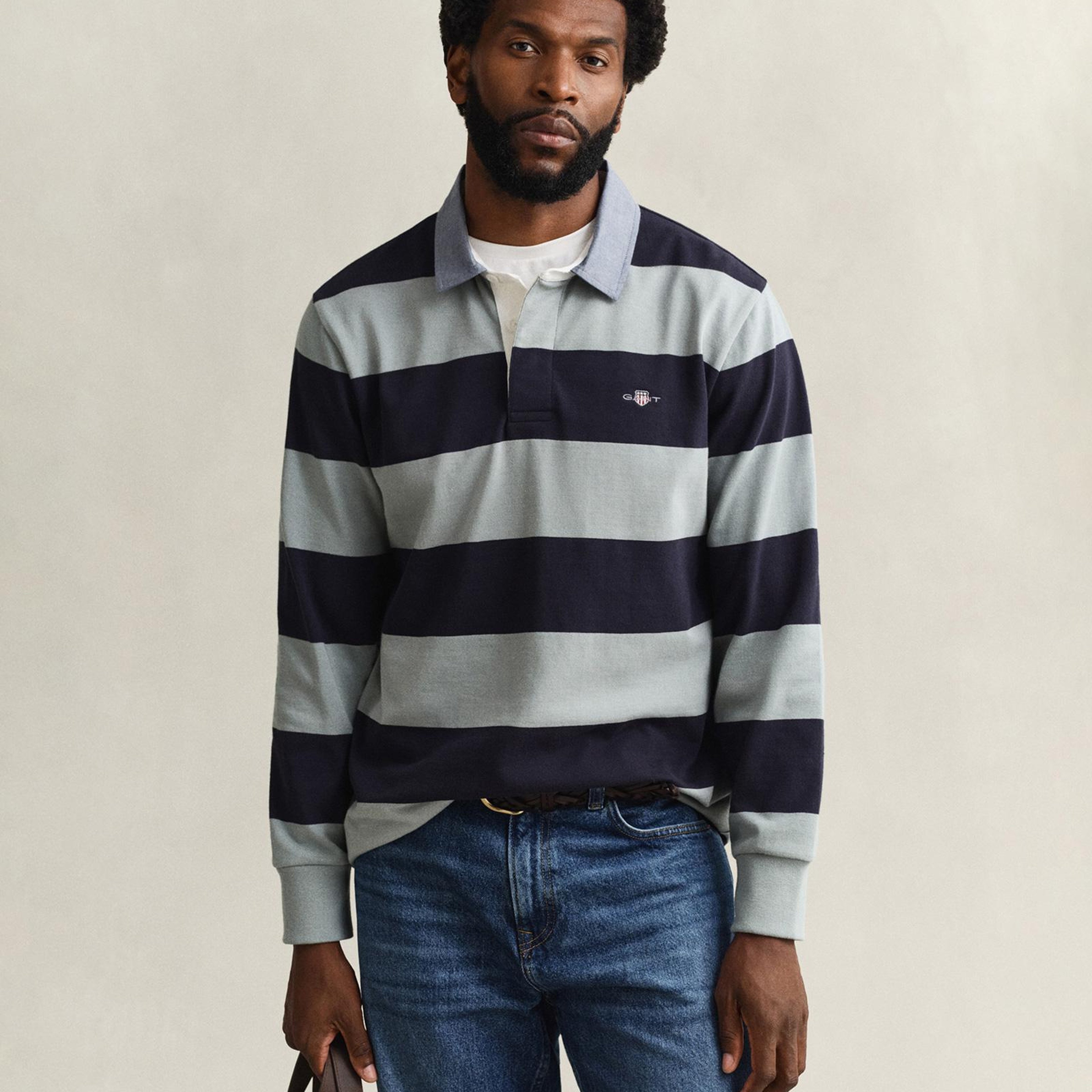 GANT Erkek Yeşil Regular Fit Çizgili Logolu Polo Yaka Rugby T-Shirt
