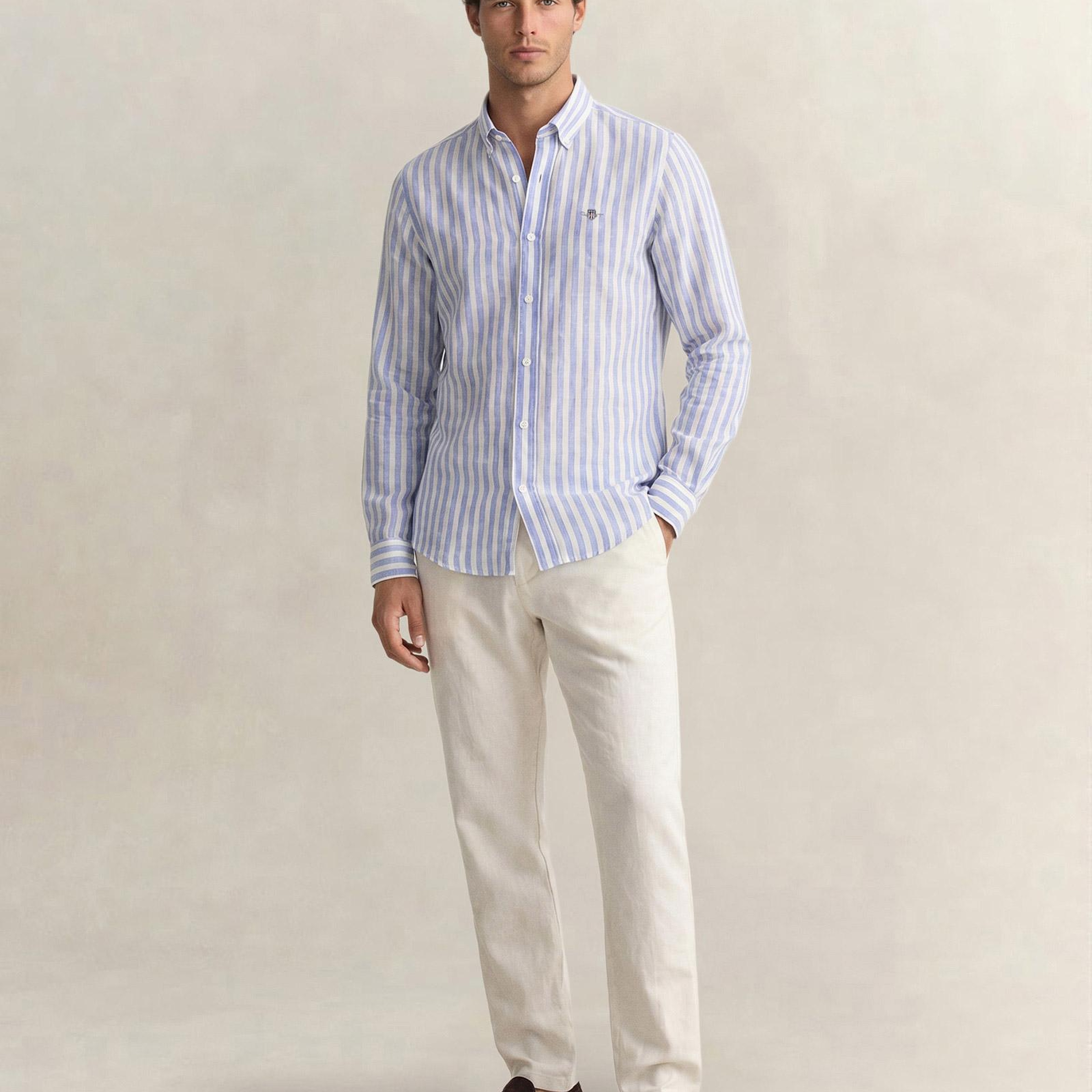 GANT Erkek Mavi Regular Fit Çizgili Logolu Gömlek