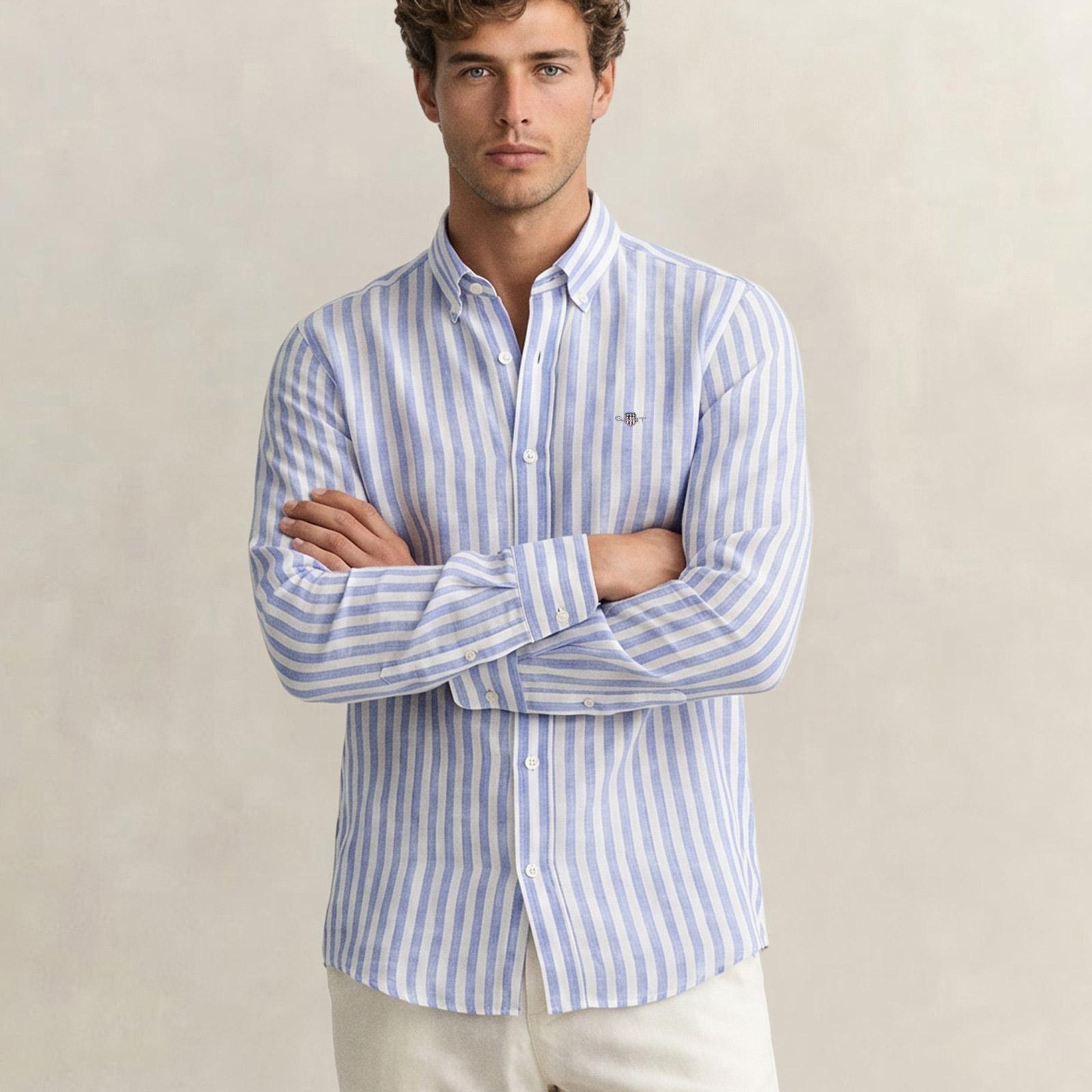GANT Erkek Mavi Regular Fit Çizgili Logolu Gömlek