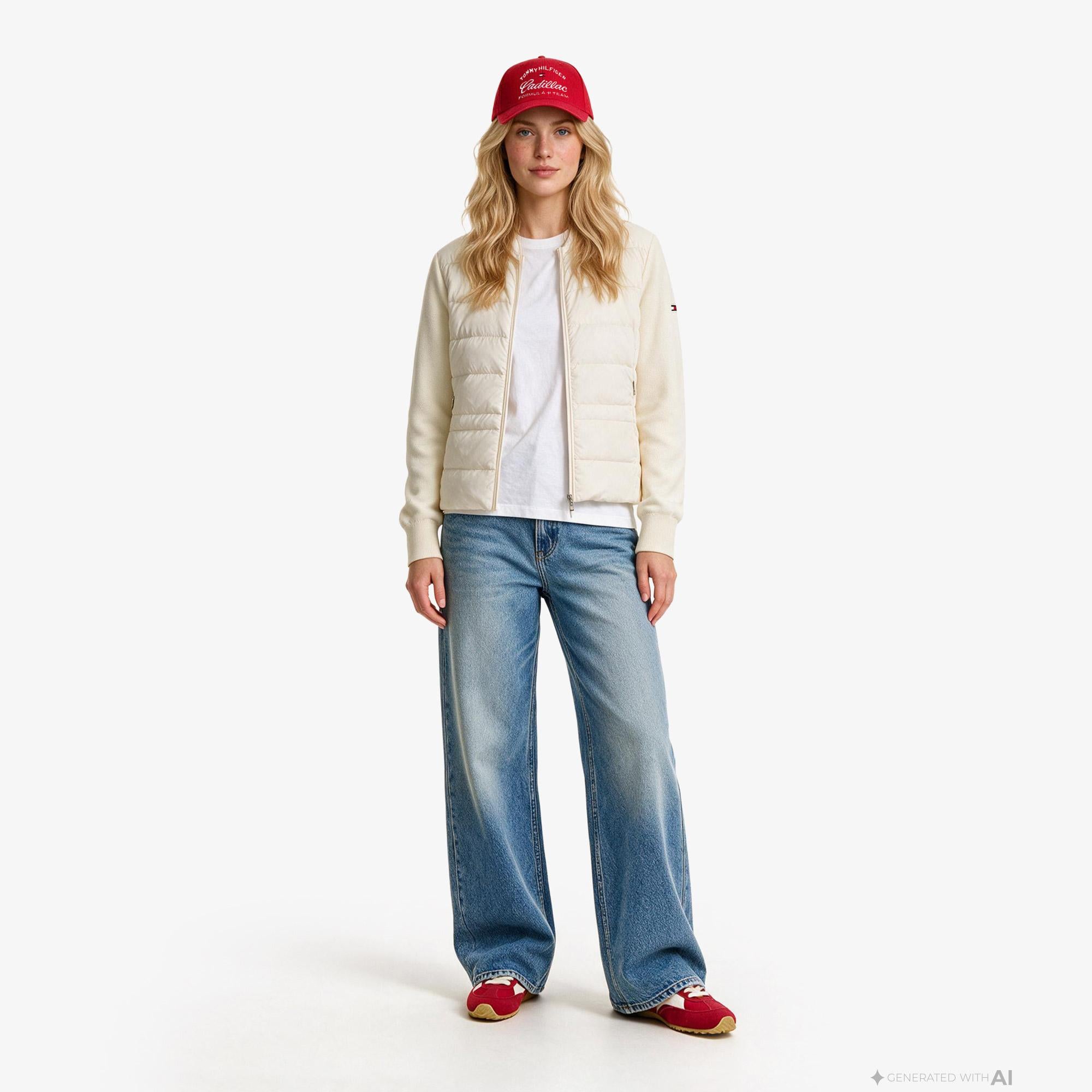 Tommy Hilfiger Down Knit Mix Kadın Beyaz Mont
