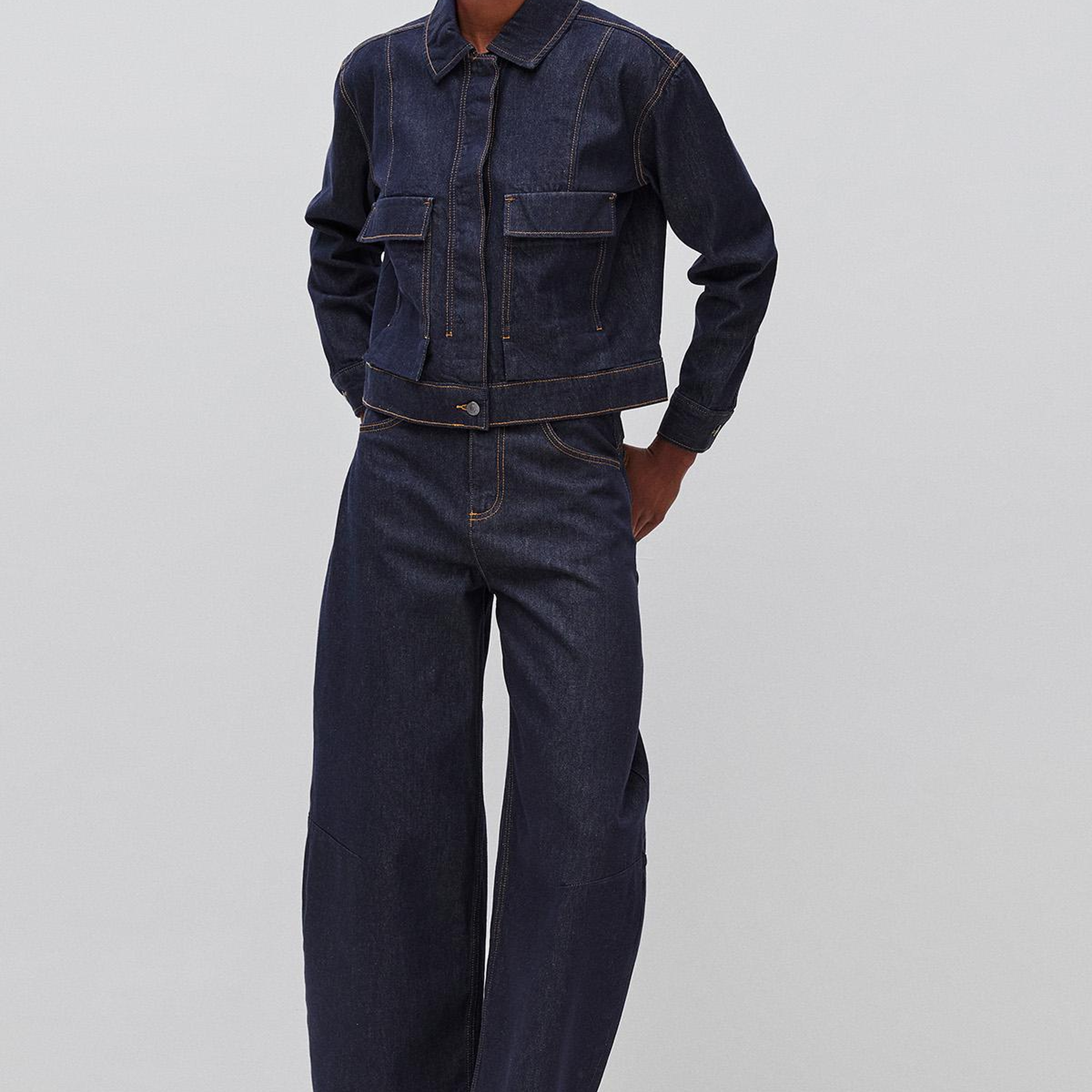 Kadın Koyu Mavi %100 Pamuk Regular Fit Cepli Denim Mont