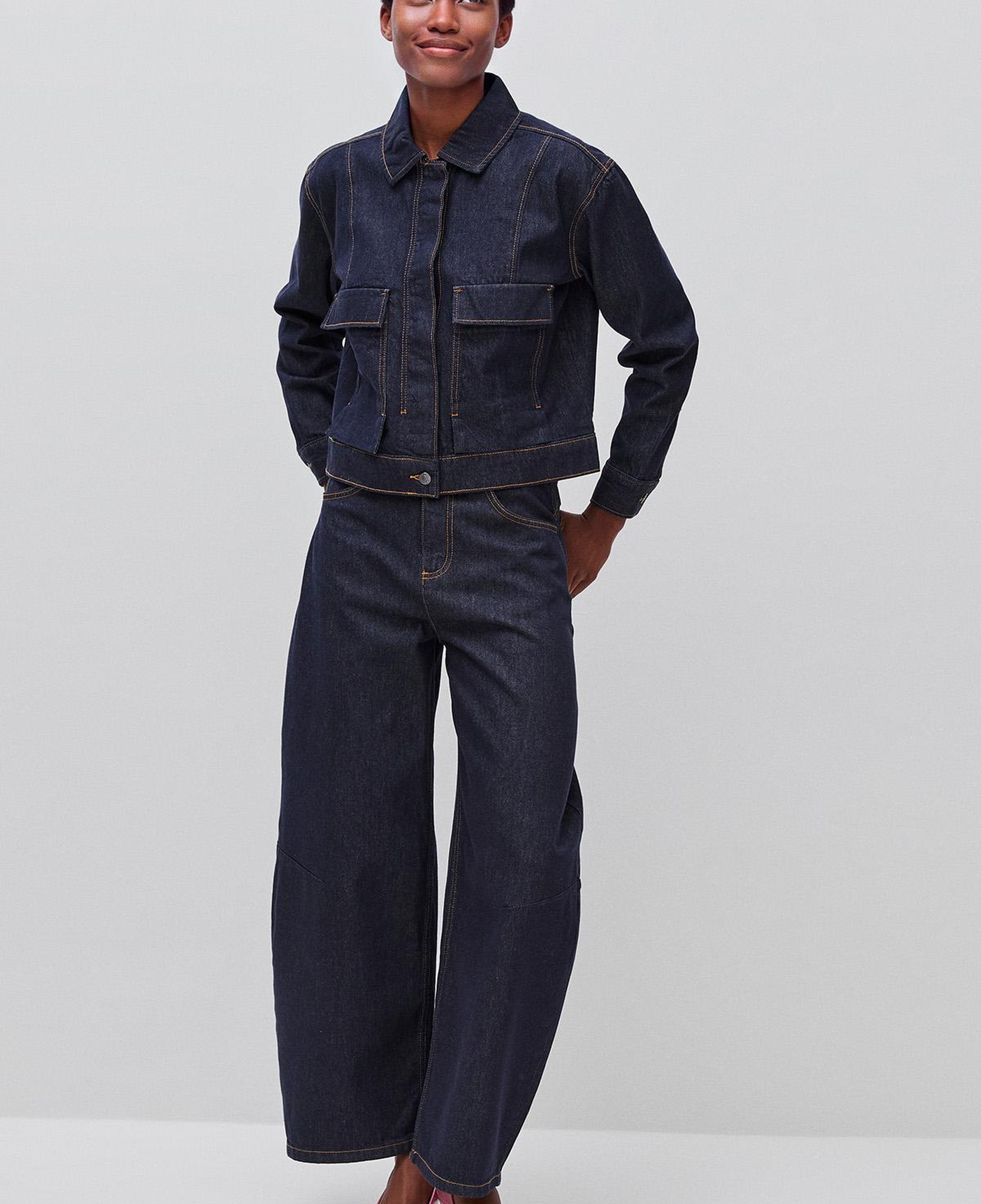 Kadın Koyu Mavi %100 Pamuk Regular Fit Cepli Denim Mont