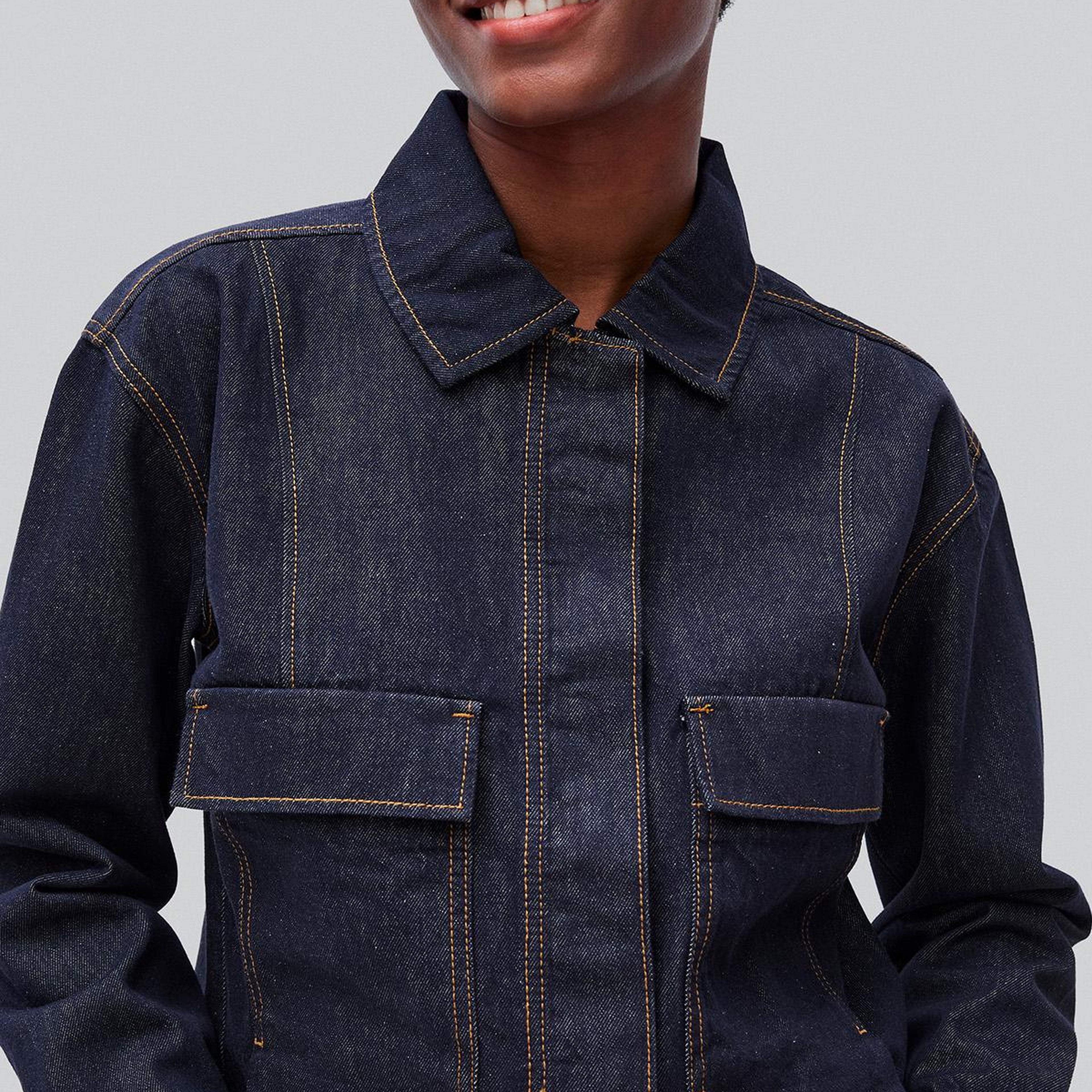 Kadın Koyu Mavi %100 Pamuk Regular Fit Cepli Denim Mont