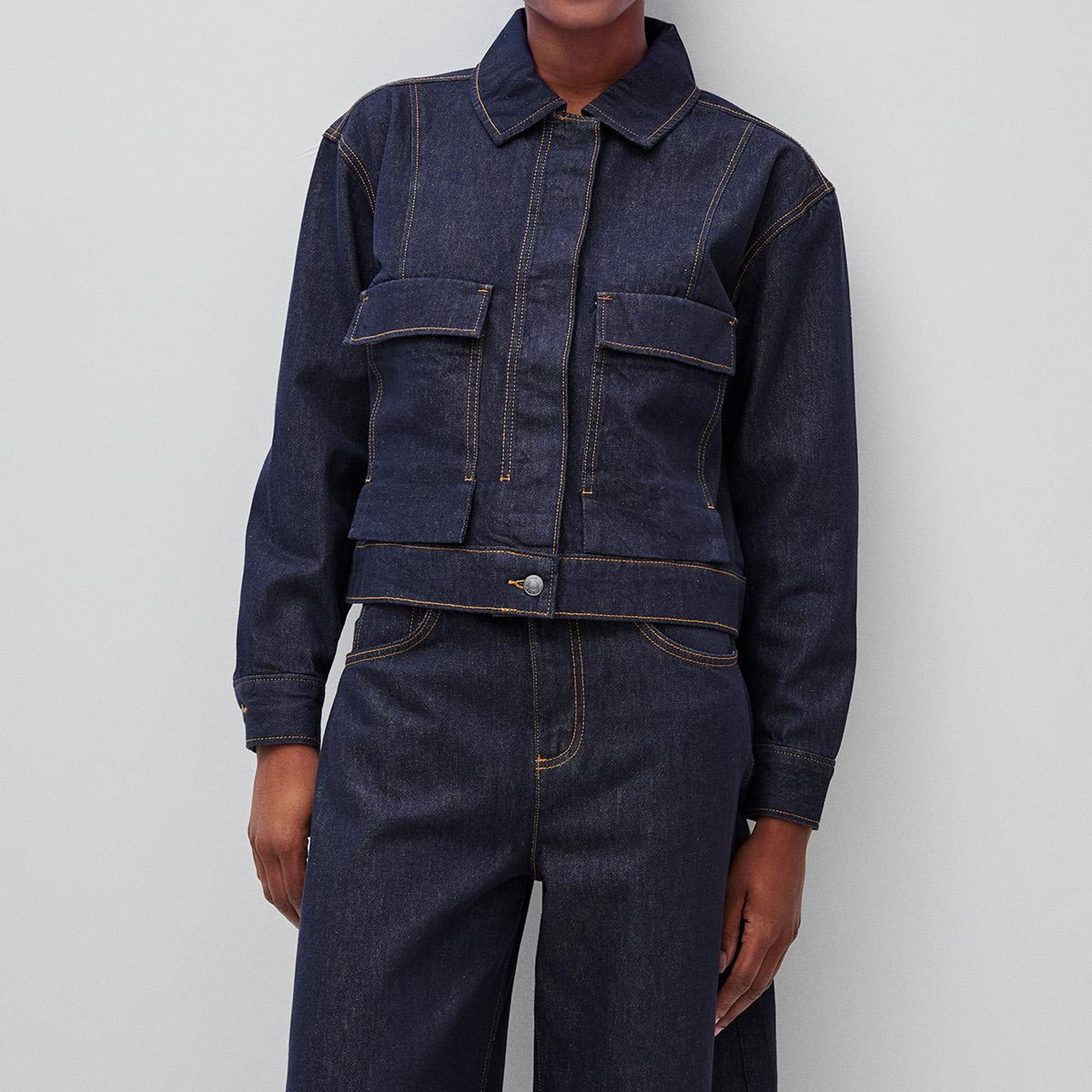 Kadın Koyu Mavi %100 Pamuk Regular Fit Cepli Denim Mont