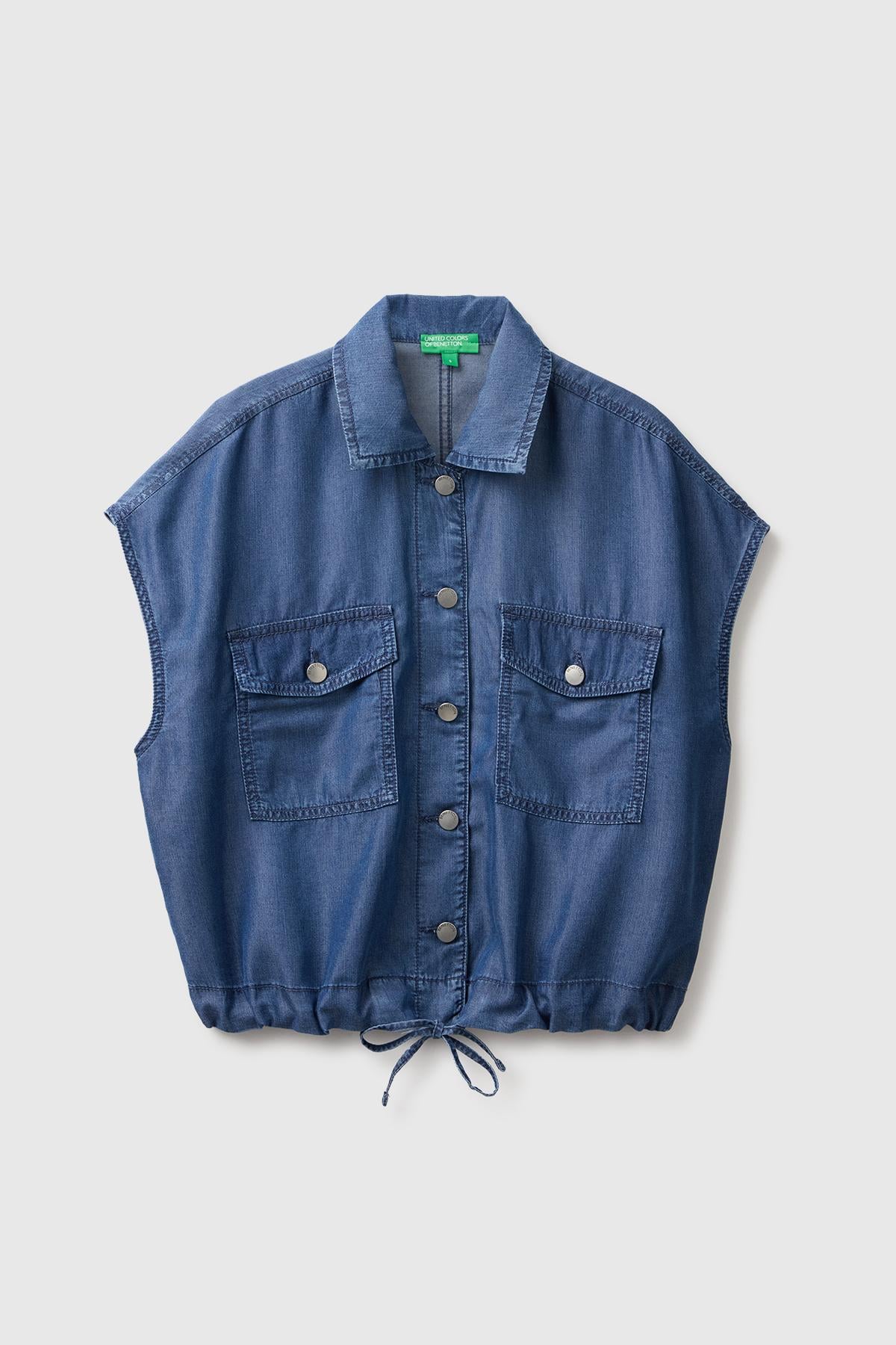 Kadın Açık Mavi Tencel Denim Büzgü Detaylı Gömlek Yaka Yelek