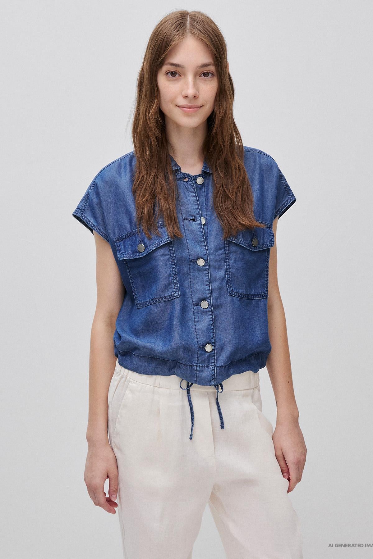 Kadın Açık Mavi Tencel Denim Büzgü Detaylı Gömlek Yaka Yelek