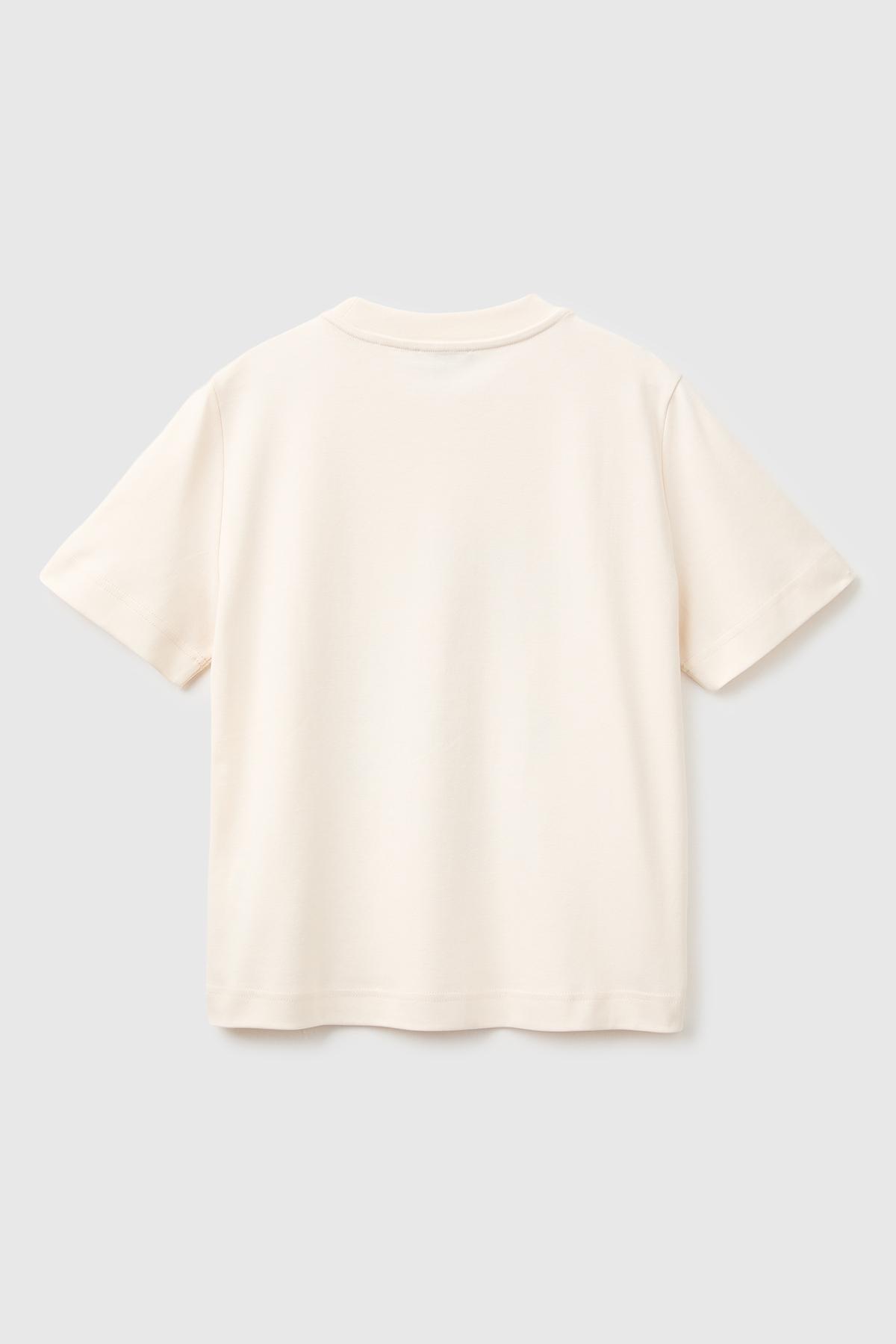 Kadın Krem %100 Pamuk İşlemeli Boxy Kısa Kollu T-Shirt