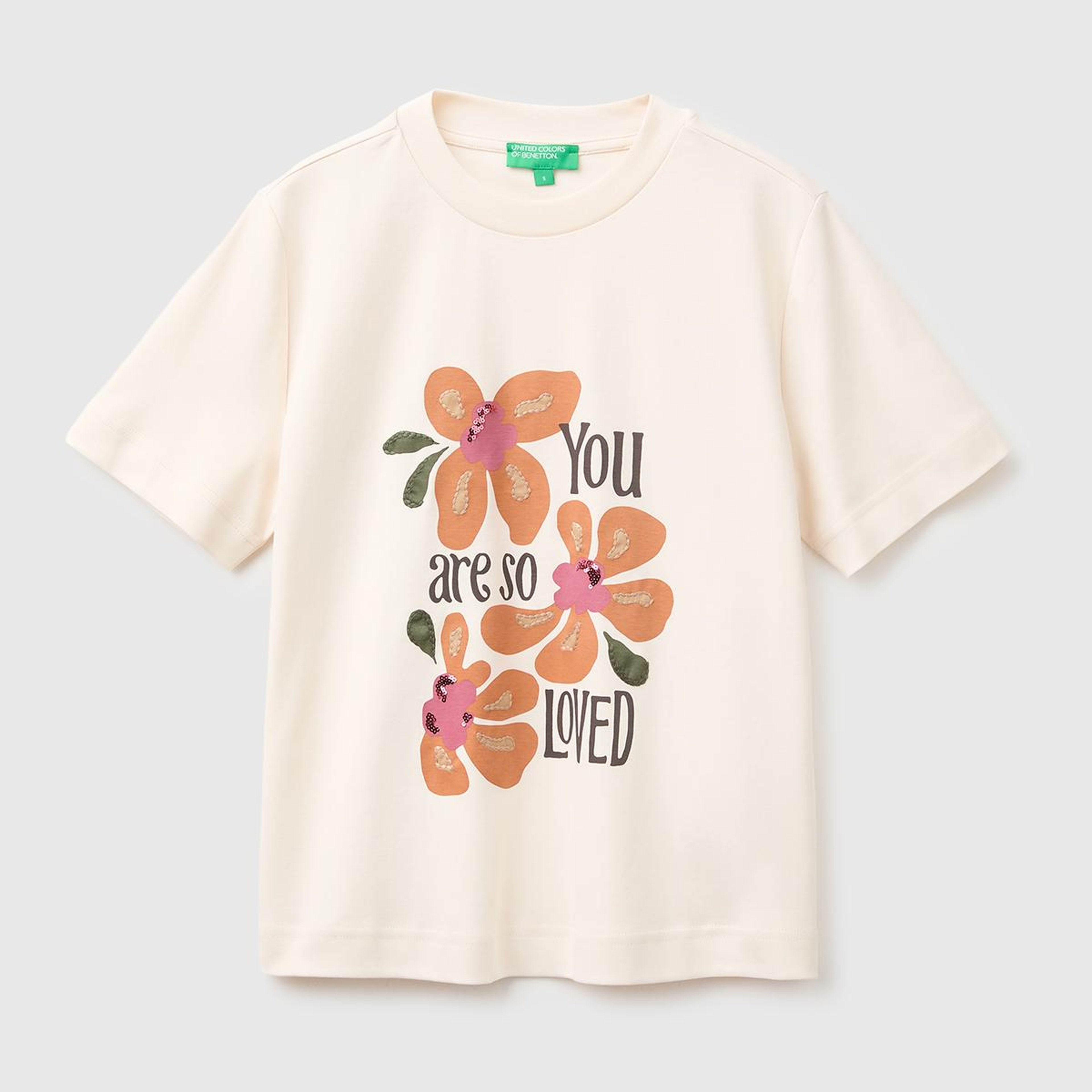 Kadın Krem %100 Pamuk İşlemeli Boxy Kısa Kollu T-Shirt