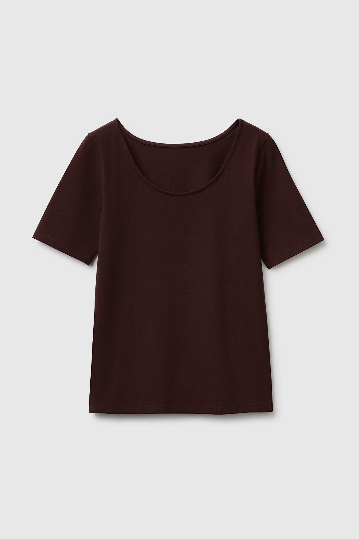 Kadın Kahverengi Pamuk Karışımlı Örme Slim Fit Geniş Yaka T-Shirt
