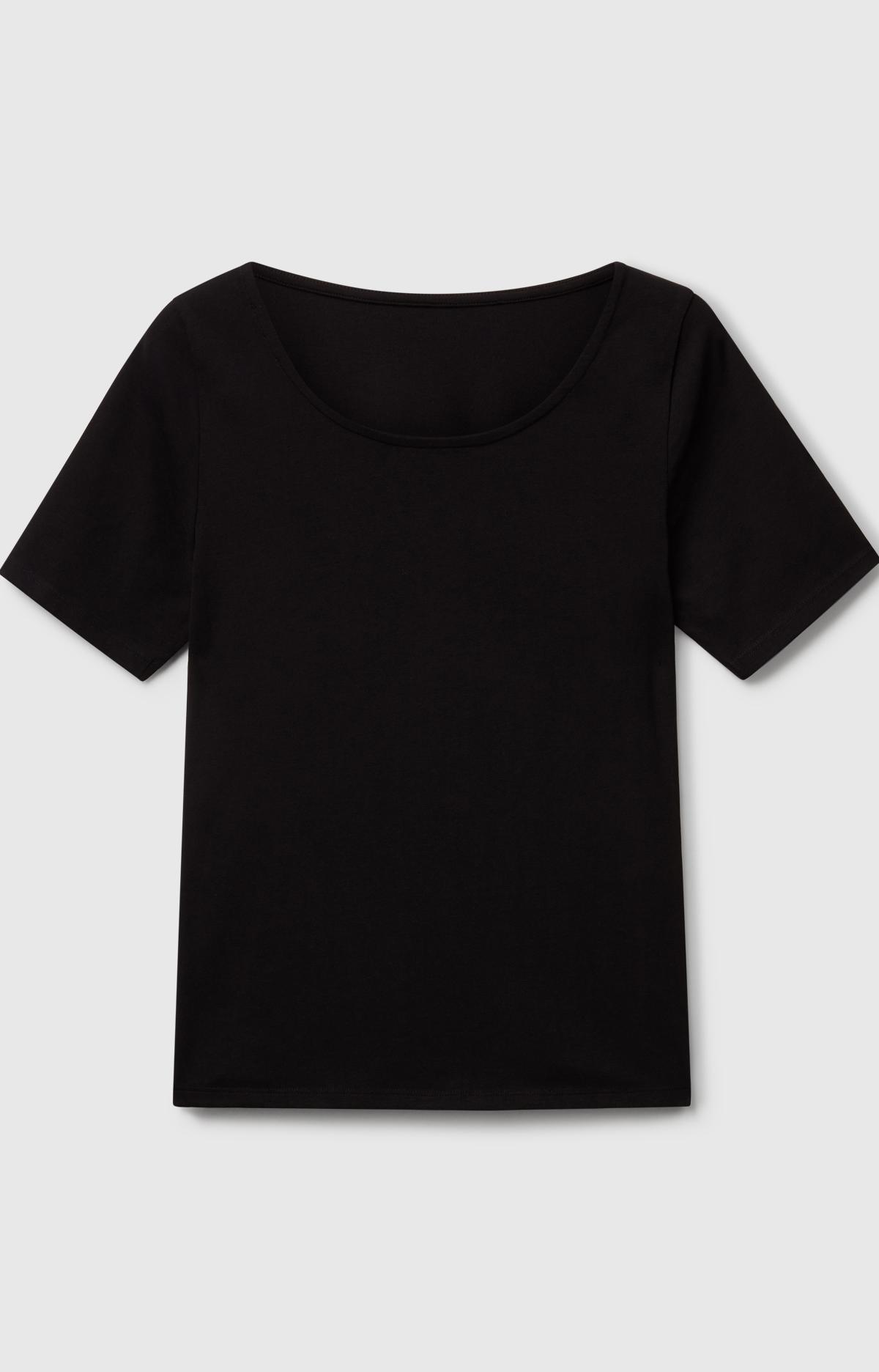 Kadın Siyah Pamuk Karışımlı Örme Slim Fit Geniş Yaka T-Shirt