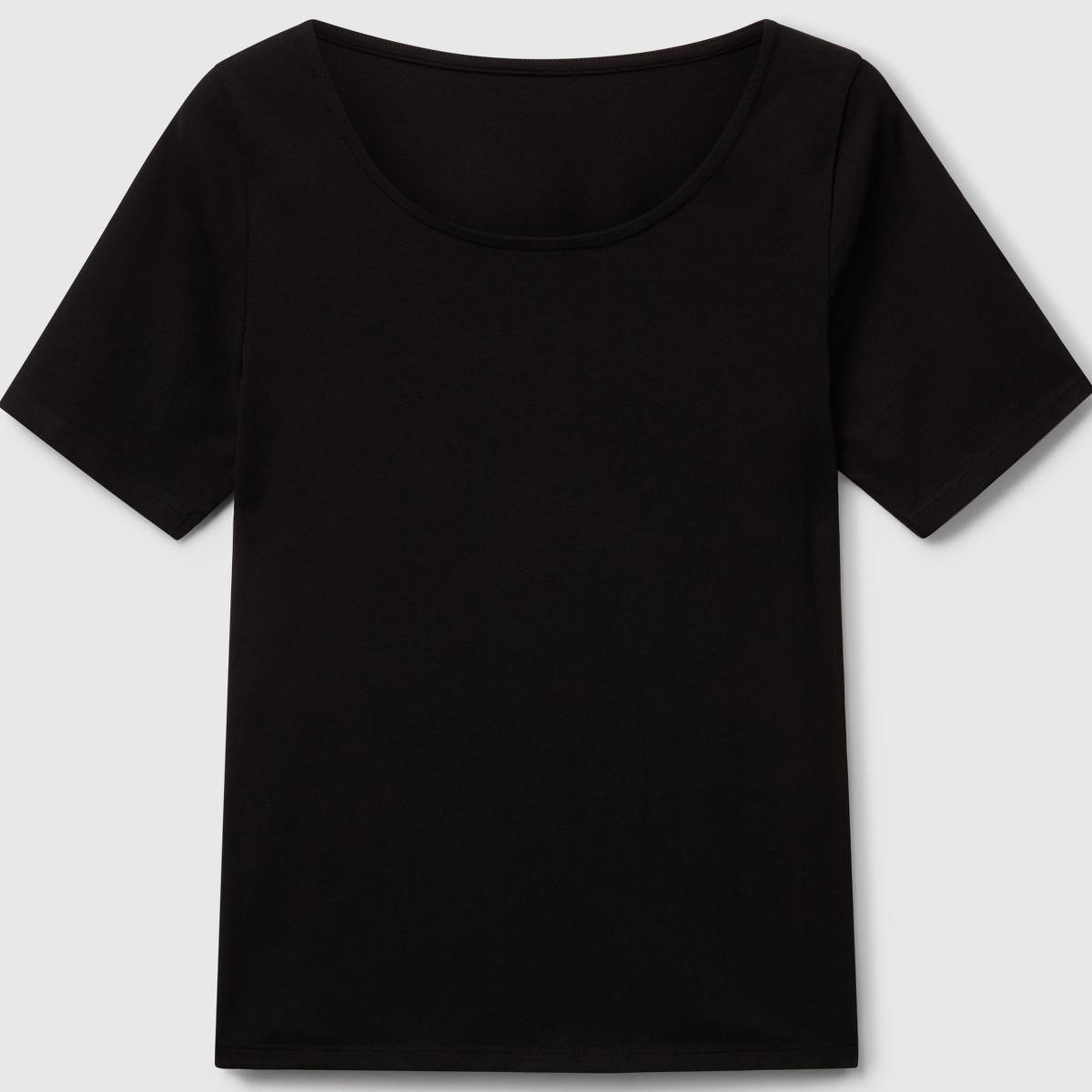 Kadın Siyah Pamuk Karışımlı Örme Slim Fit Geniş Yaka T-Shirt