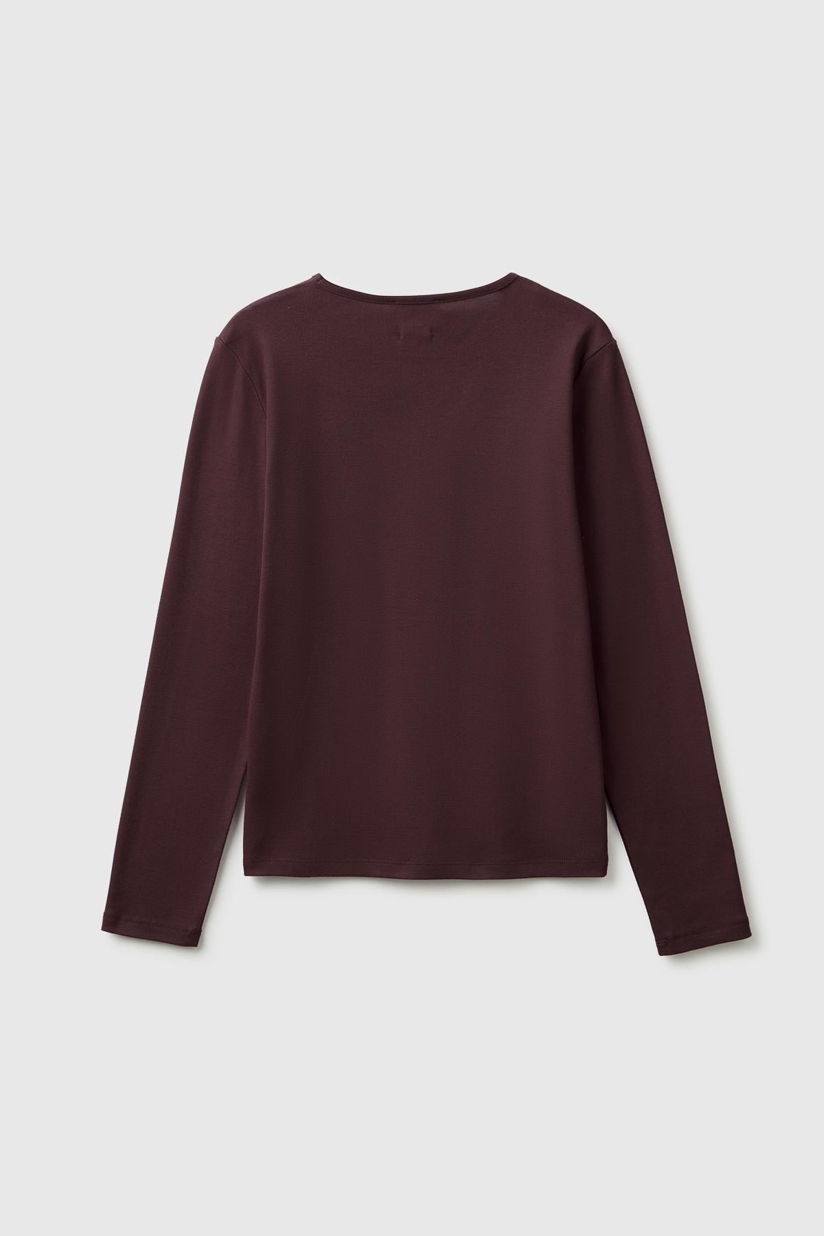 Kadın Kahverengi %100 Pamuk Slim Fit Ribanalı Uzun Kollu T-Shirt