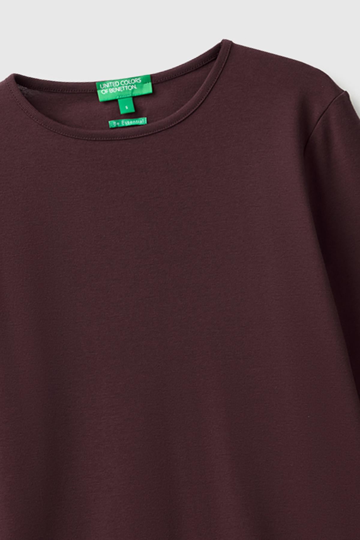 Kadın Kahverengi %100 Pamuk Slim Fit Ribanalı Uzun Kollu T-Shirt