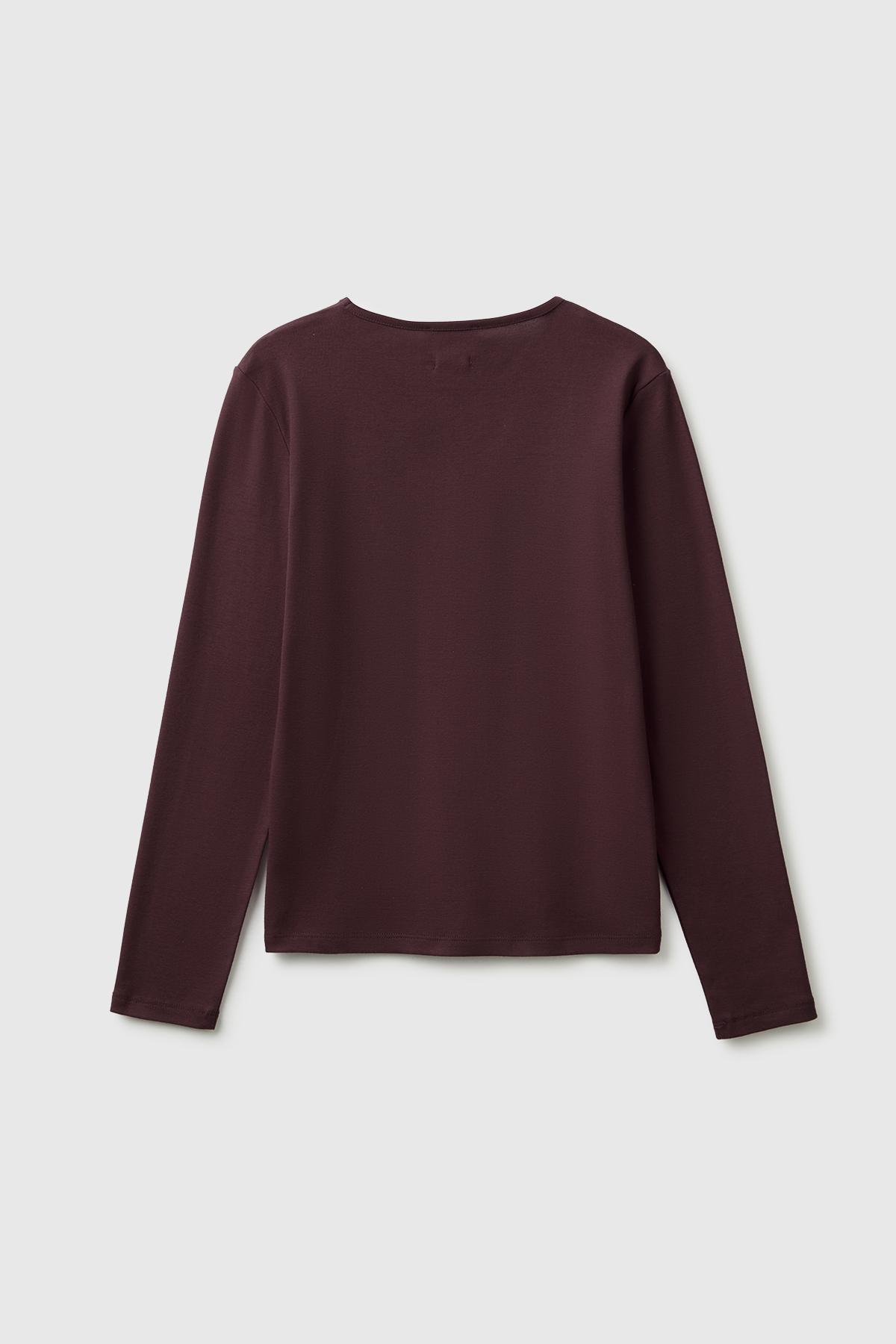 Kadın Kahverengi %100 Pamuk Slim Fit Ribanalı Uzun Kollu T-Shirt