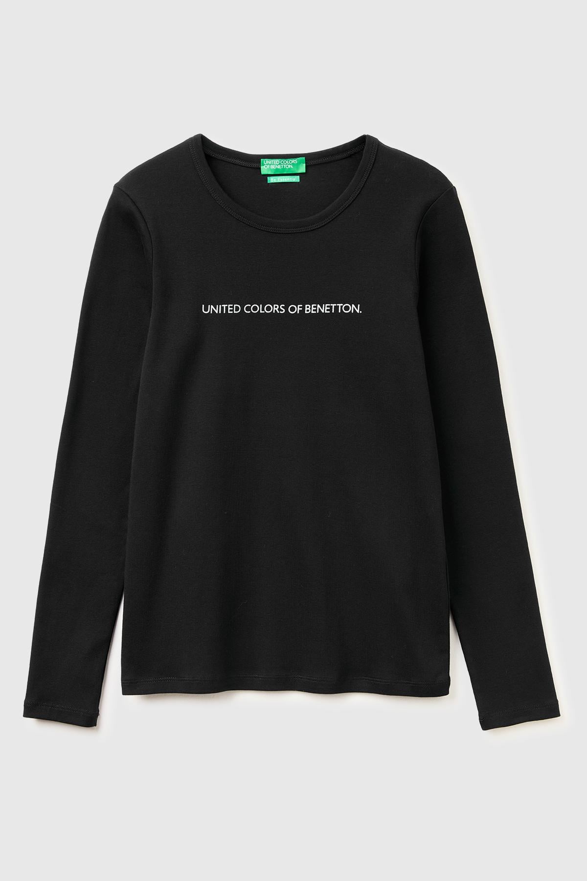 Kadın Siyah %100 Pamuk Regular Fit Ribanalı Uzun Kollu T-Shirt