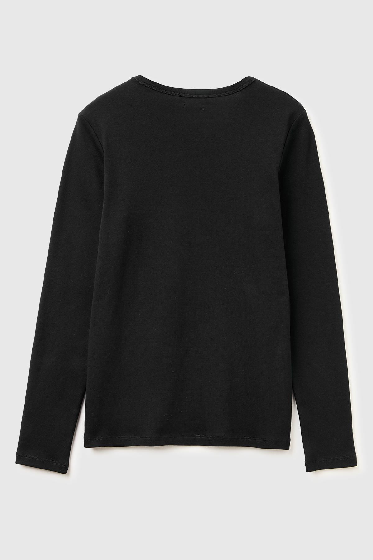 Kadın Siyah %100 Pamuk Regular Fit Ribanalı Uzun Kollu T-Shirt