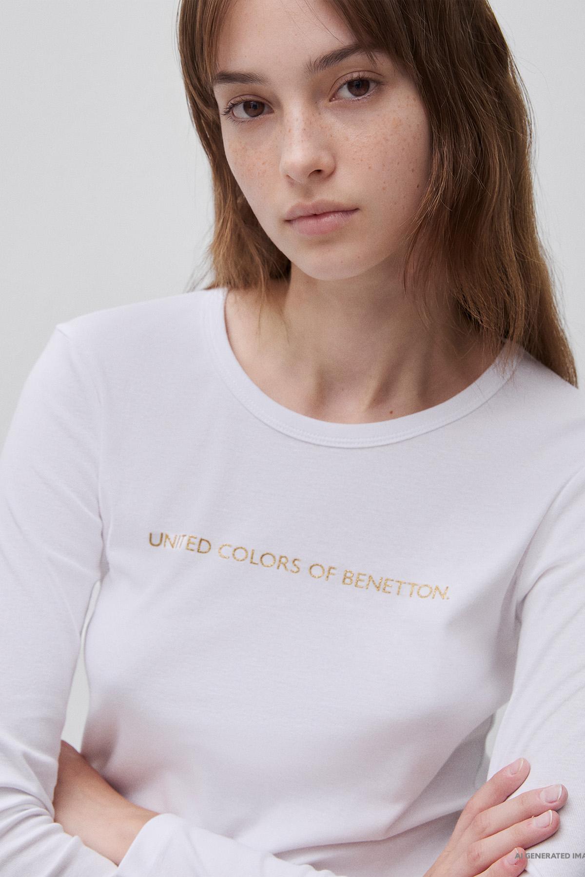 Kadın Beyaz %100 Pamuk Regular Fit Ribanalı Uzun Kollu T-Shirt