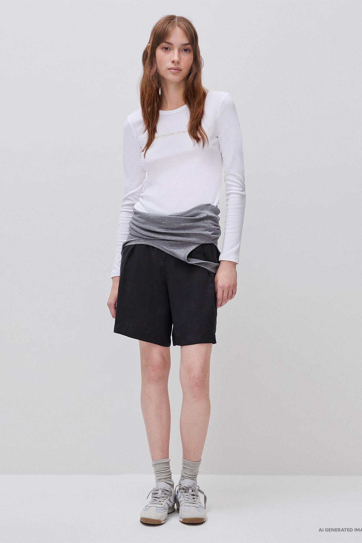 Kadın Beyaz %100 Pamuk Regular Fit Ribanalı Uzun Kollu T-Shirt