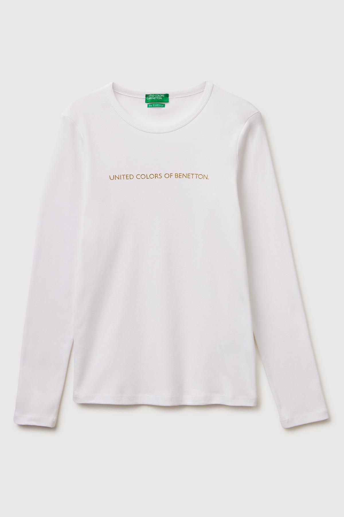 Kadın Beyaz %100 Pamuk Regular Fit Ribanalı Uzun Kollu T-Shirt