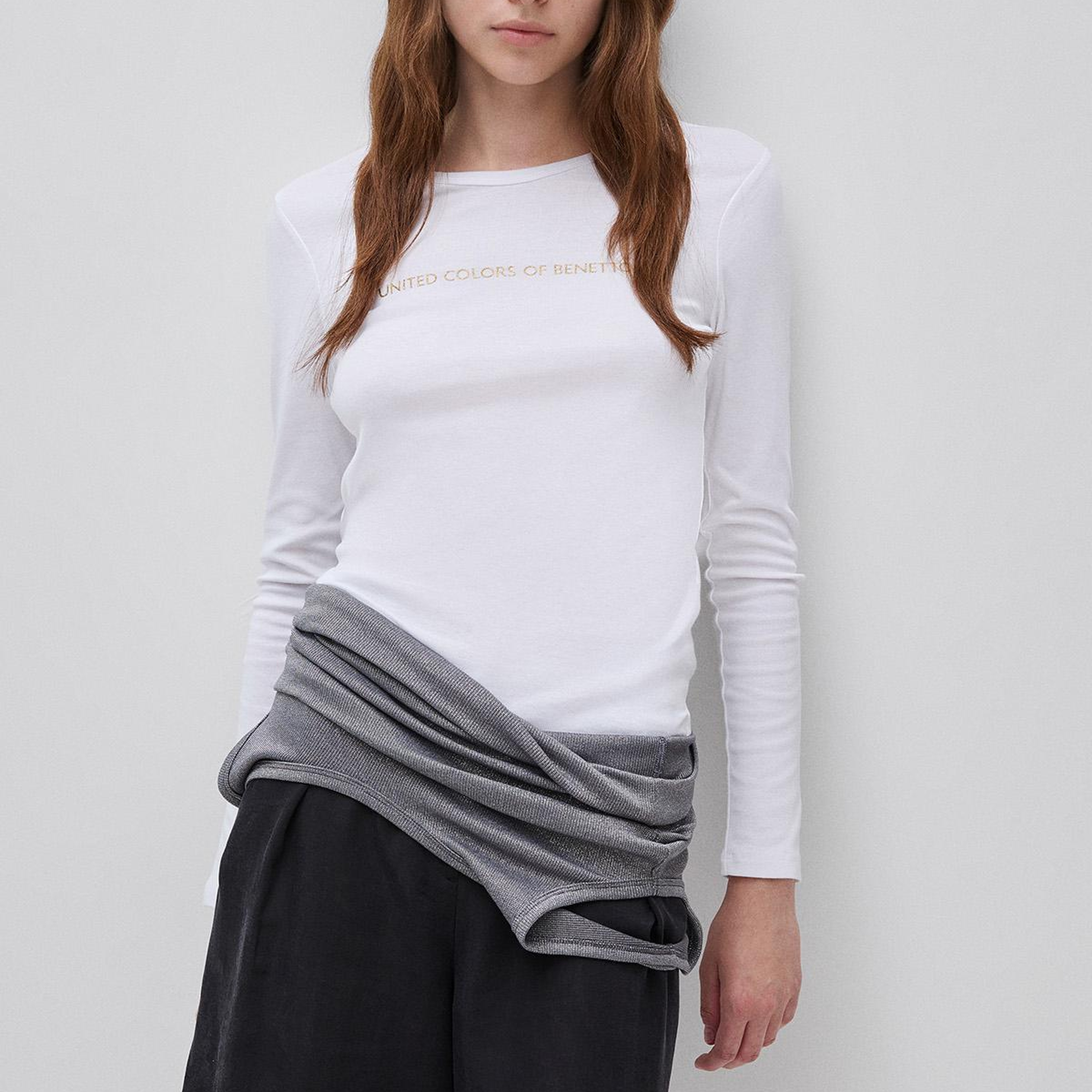 Kadın Beyaz %100 Pamuk Regular Fit Ribanalı Uzun Kollu T-Shirt