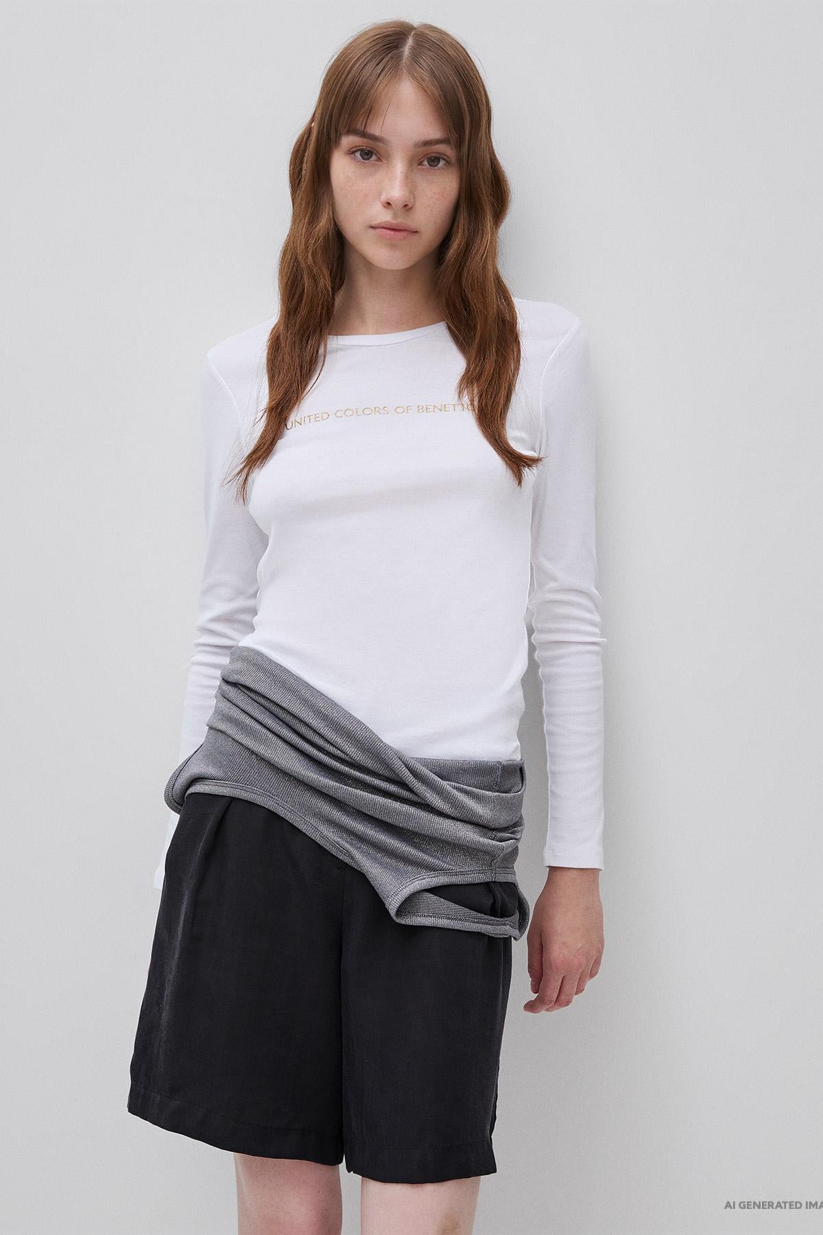 Kadın Beyaz %100 Pamuk Regular Fit Ribanalı Uzun Kollu T-Shirt