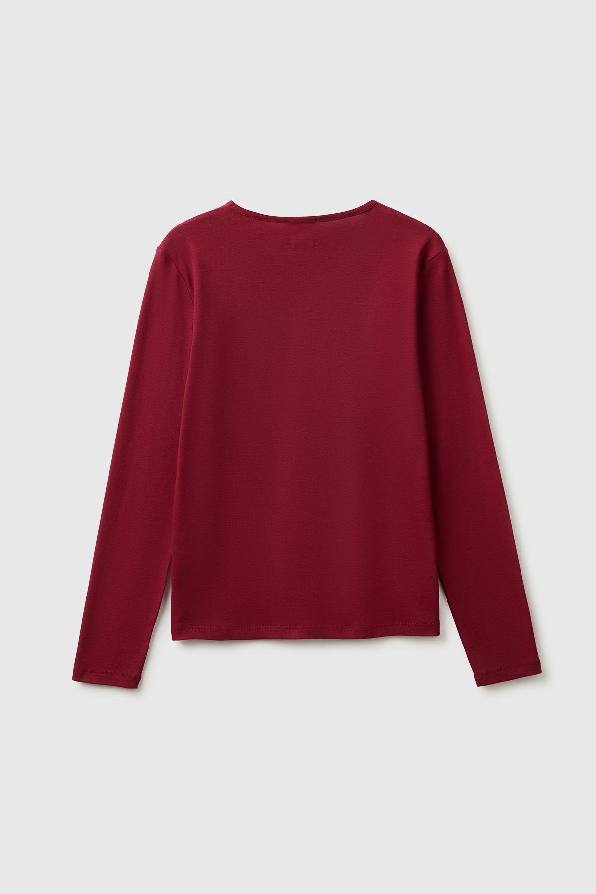 Kadın Mürdüm %100 Pamuk Slim Fit Ribanalı Uzun Kollu T-Shirt