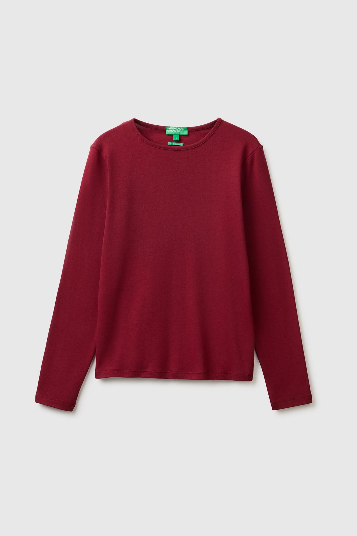 Kadın Mürdüm %100 Pamuk Slim Fit Ribanalı Uzun Kollu T-Shirt