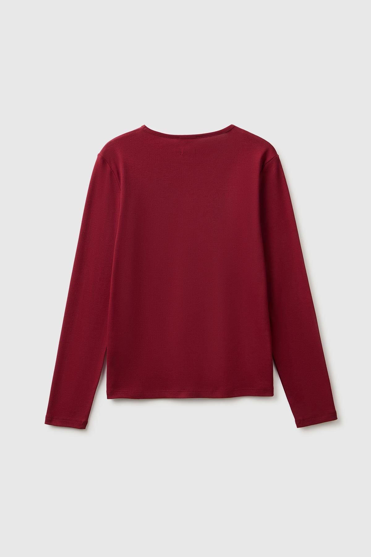 Kadın Mürdüm %100 Pamuk Slim Fit Ribanalı Uzun Kollu T-Shirt