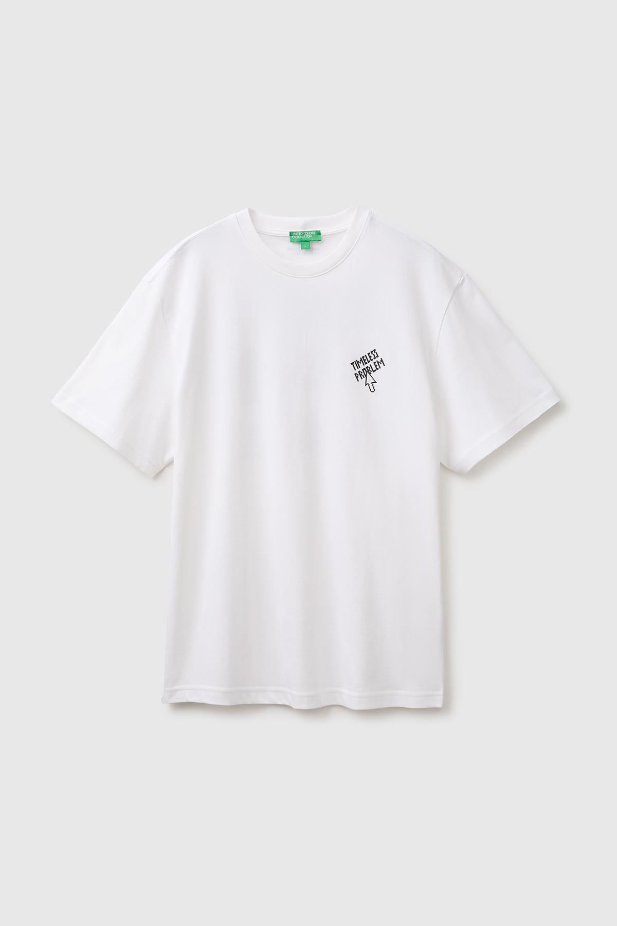 Erkek Beyaz %100 Pamuk Relaxed Fit Kısa Kollu T-Shirt