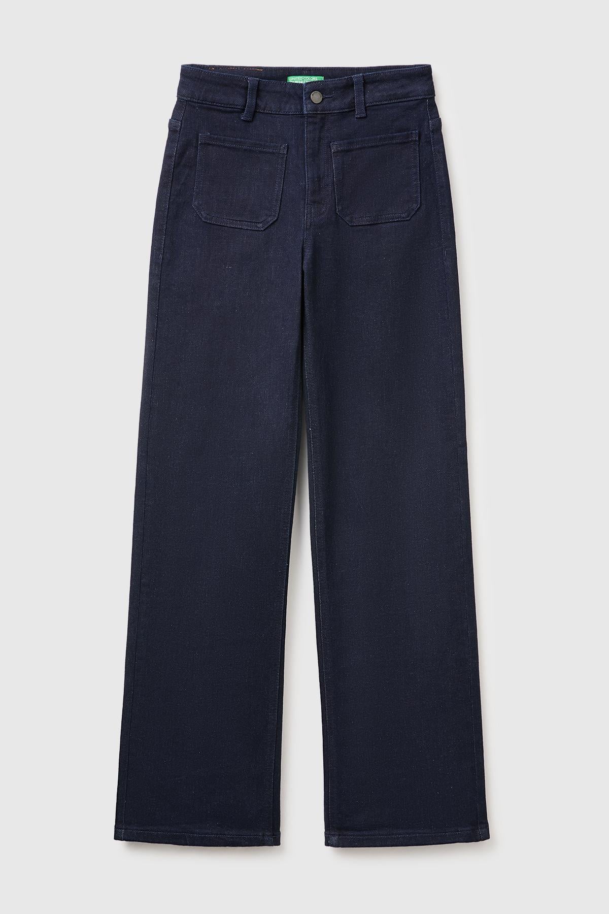Kadın Koyu Mavi Pamuk Karışımlı Düz Paça Cepli Denim Pantolon
