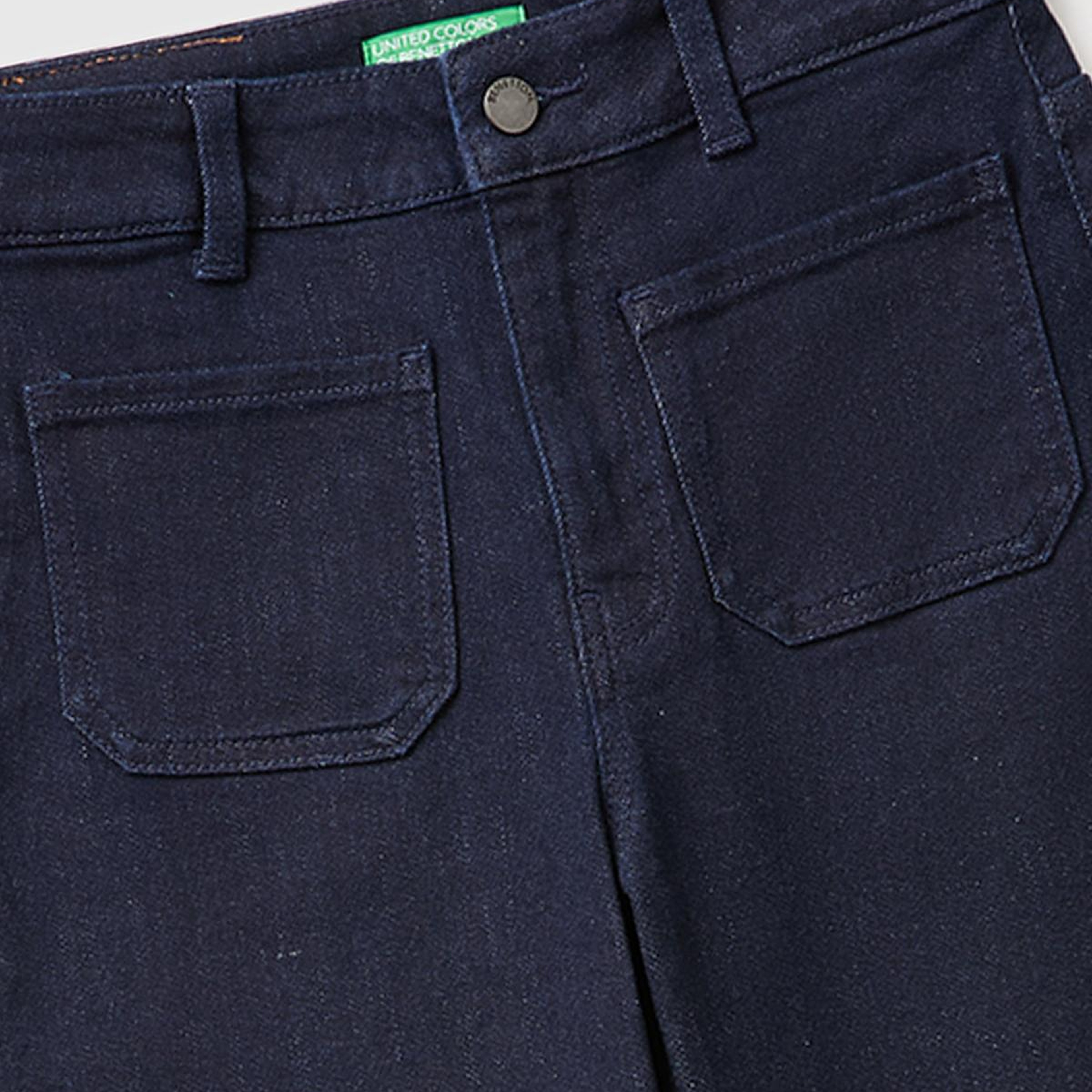 Kadın Koyu Mavi Pamuk Karışımlı Düz Paça Cepli Denim Pantolon