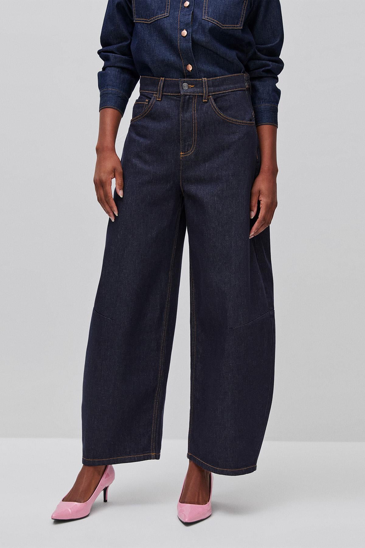 Kadın Koyu Mavi %100 Pamuk Cepli Denim Pantolon