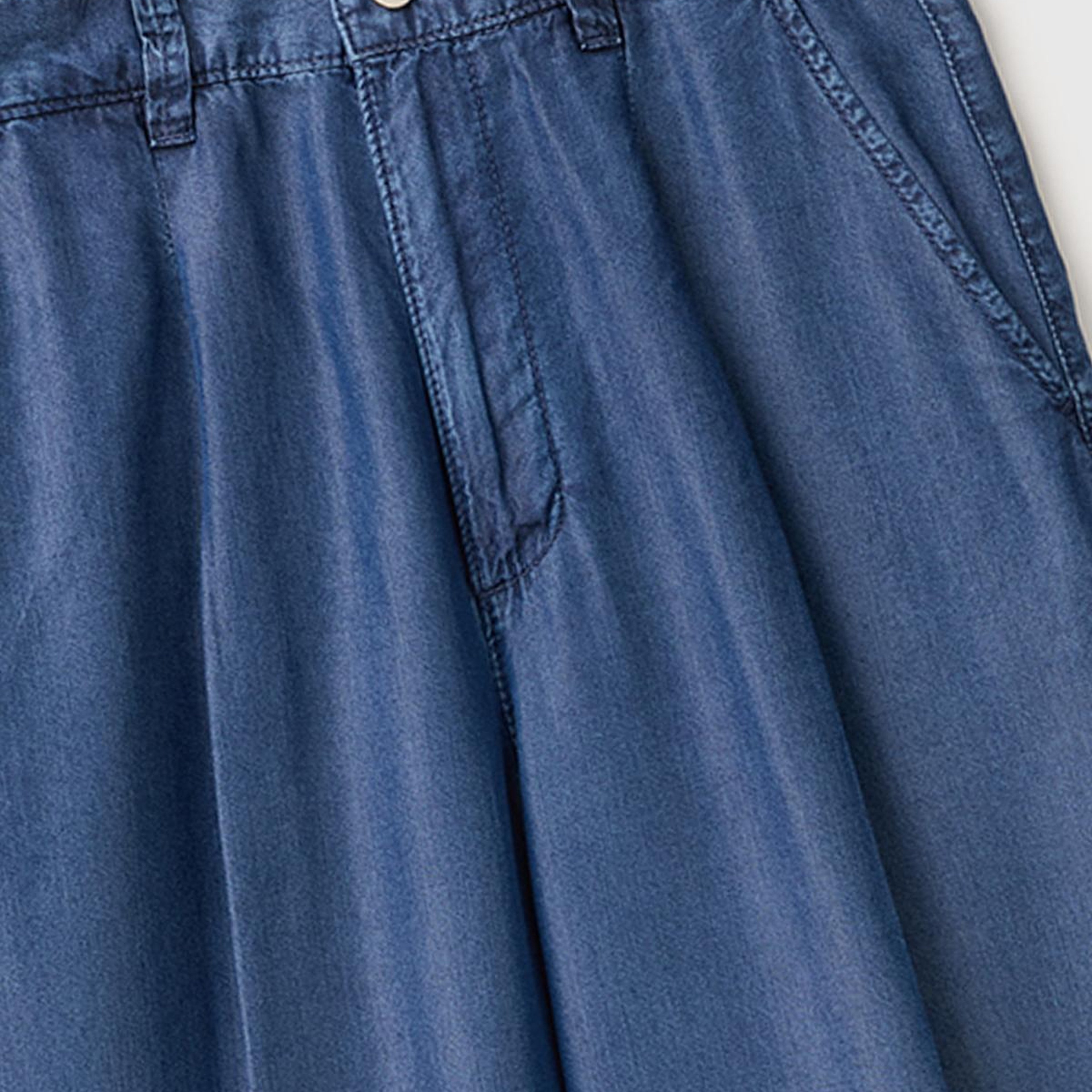 Kadın Mavi Bol Paça Cepli Denim Pantolon