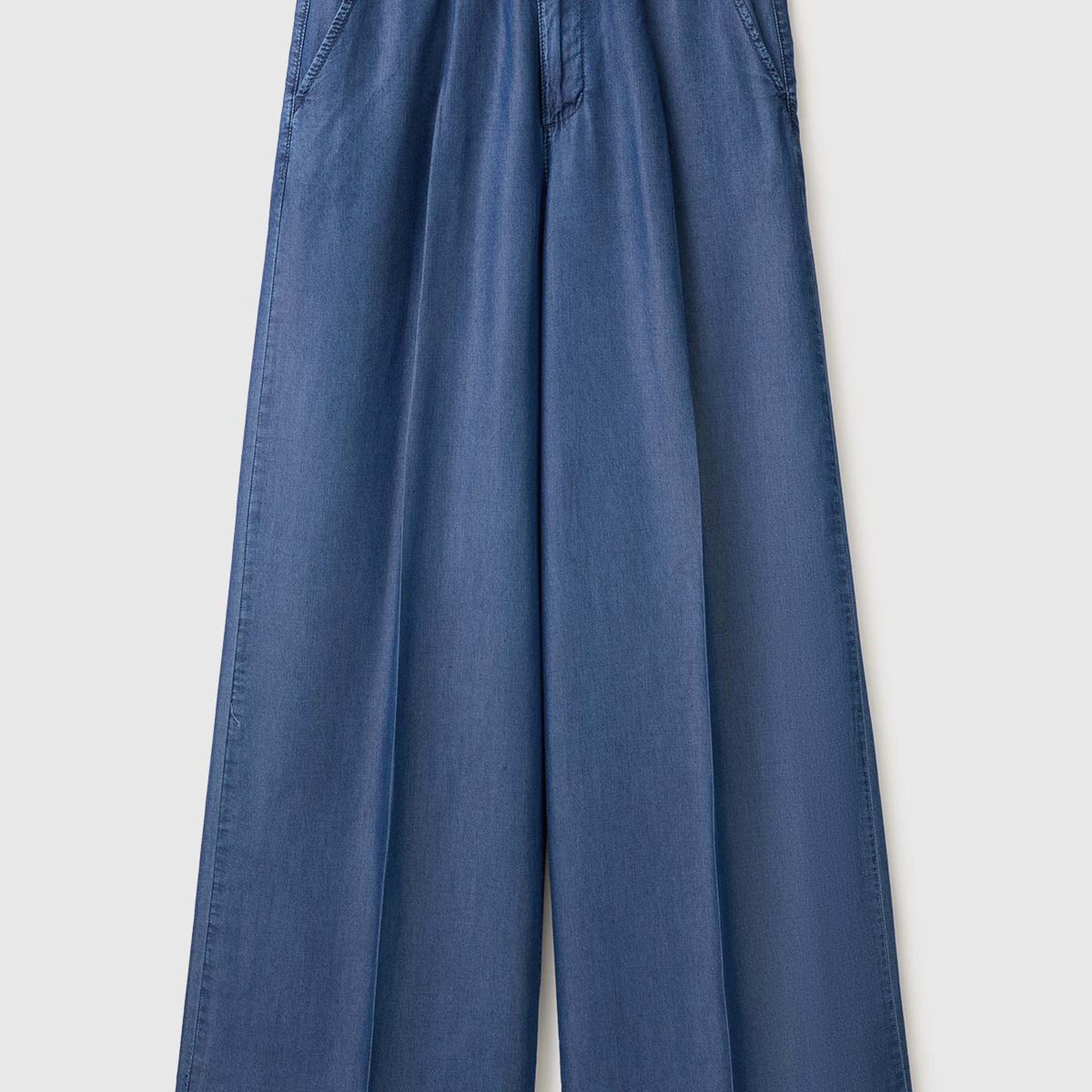 Kadın Mavi Bol Paça Cepli Denim Pantolon