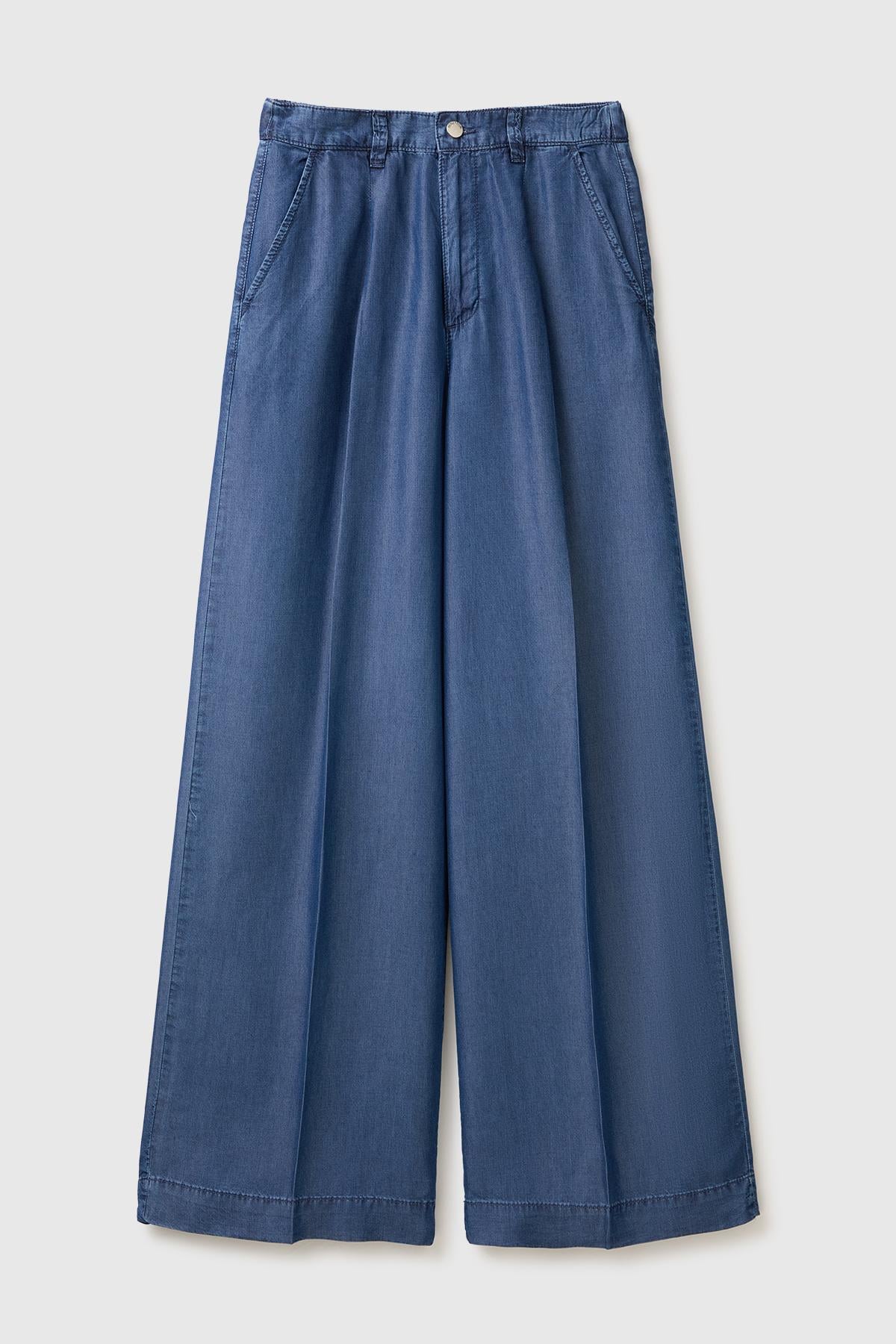 Kadın Mavi Bol Paça Cepli Denim Pantolon